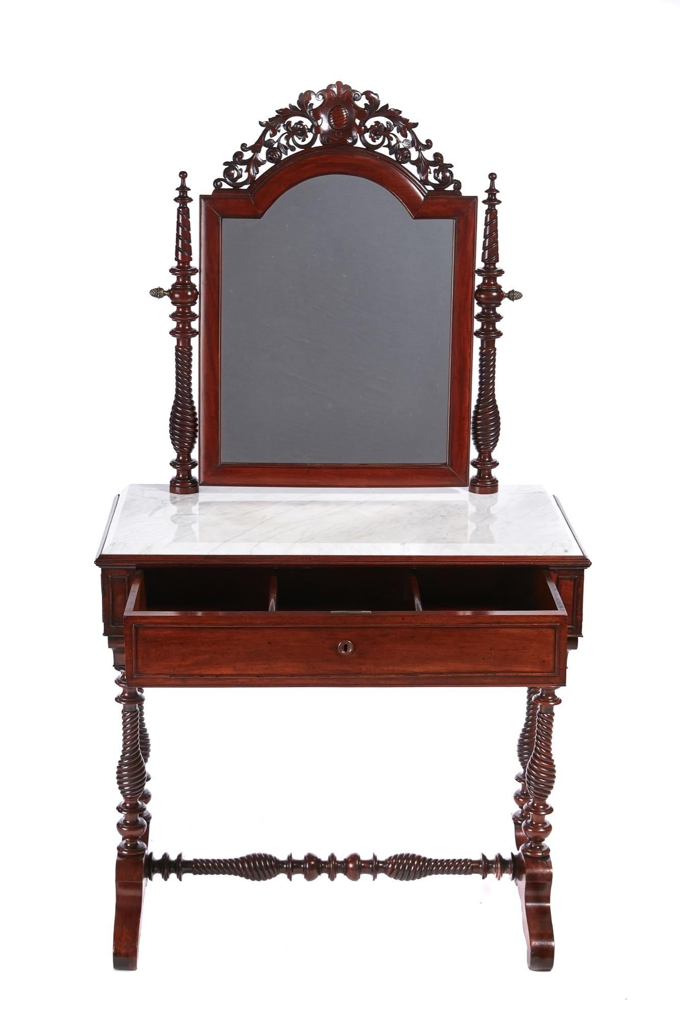 Fantastic quality Victorian mahogany dressing table having a very ornate swing mirror, lovely shaped turned supports, unusual marble top, 1 long drawer supported by shaped turned rope twist columns standing on shaped cabriole legs united by a turned