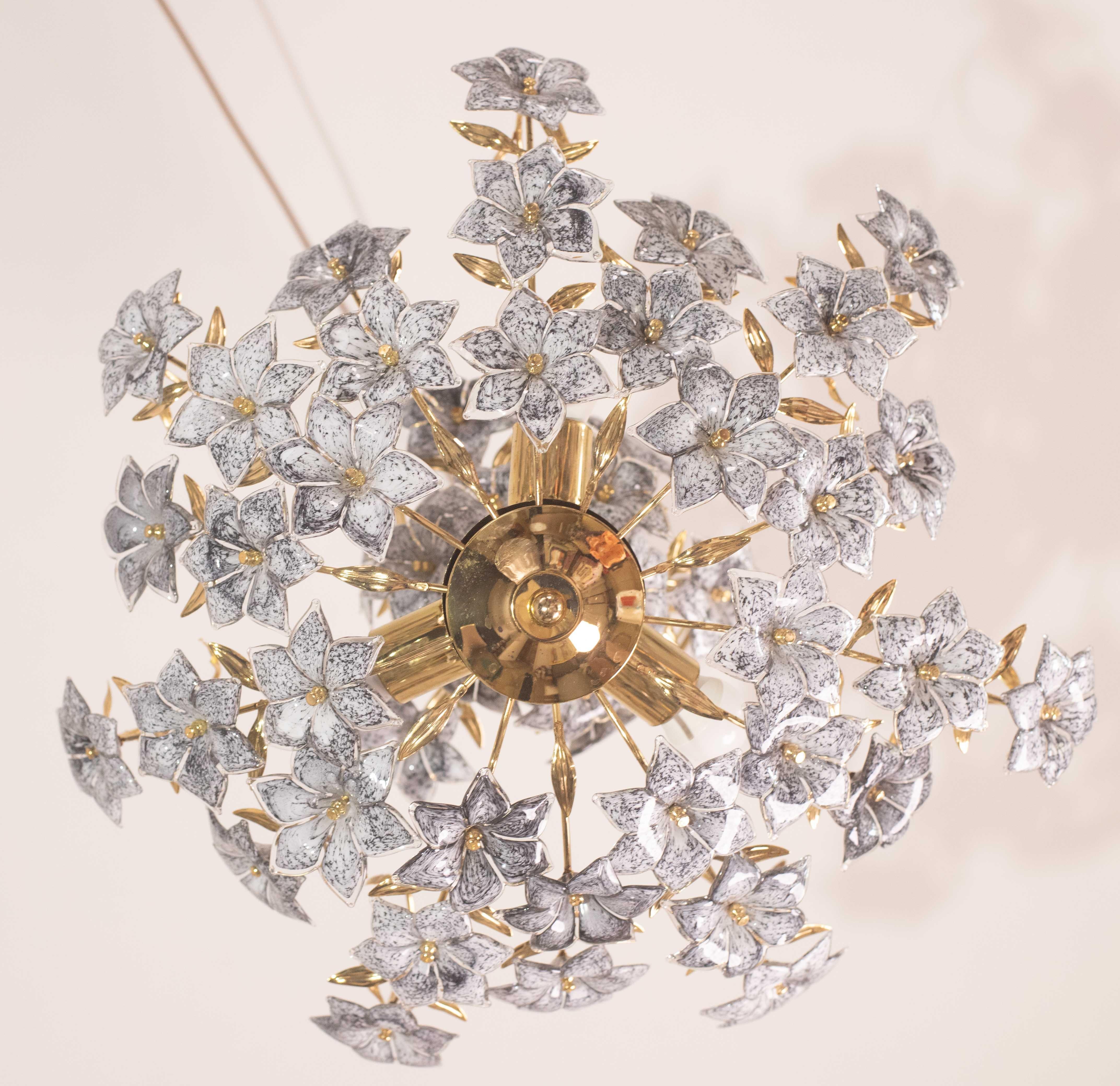 Late 20th Century Fantastic Rare Murano Chandelier Full of Black Flowers, 1970s For Sale
