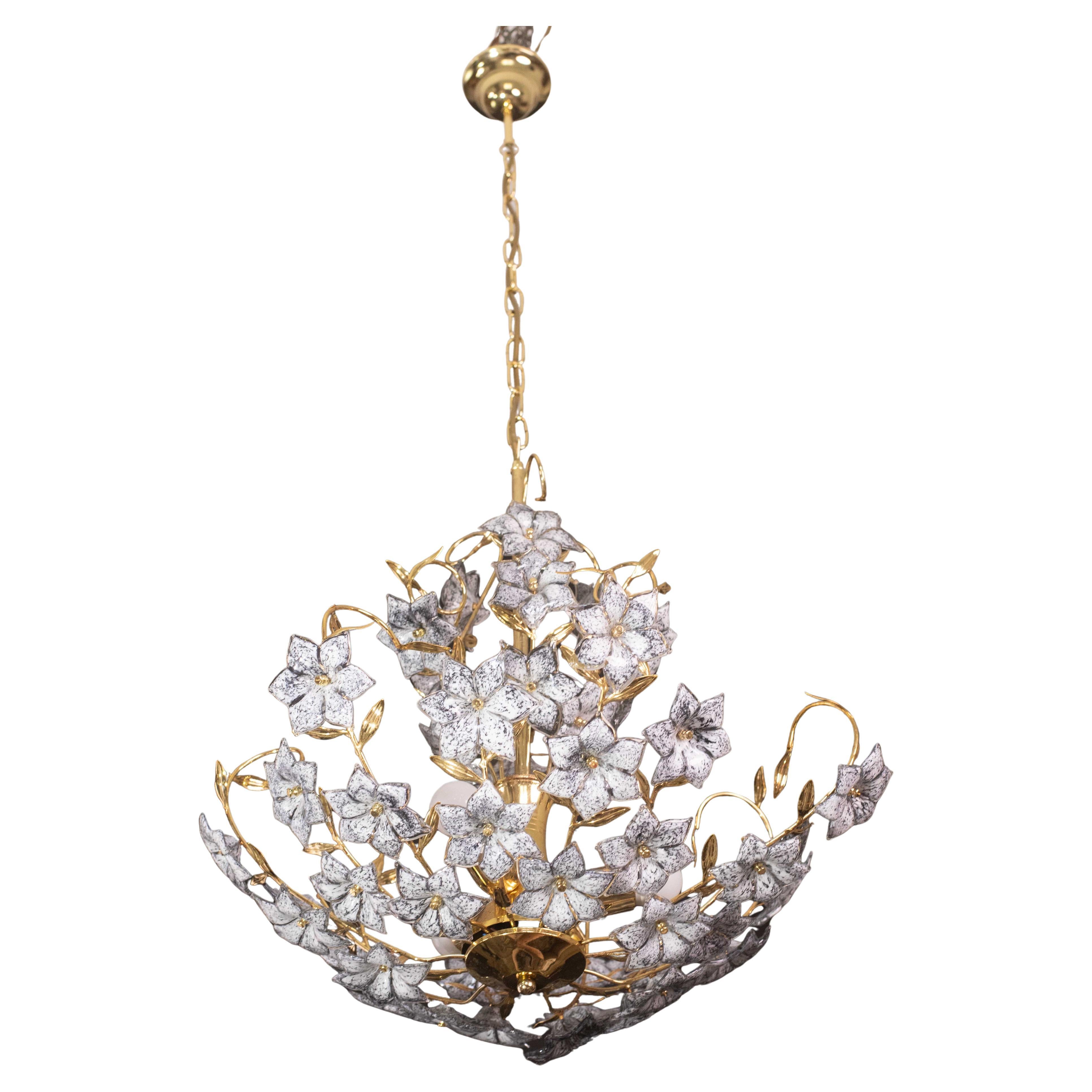 Fantastic Rare Murano Chandelier Full of Black Flowers, 1970s