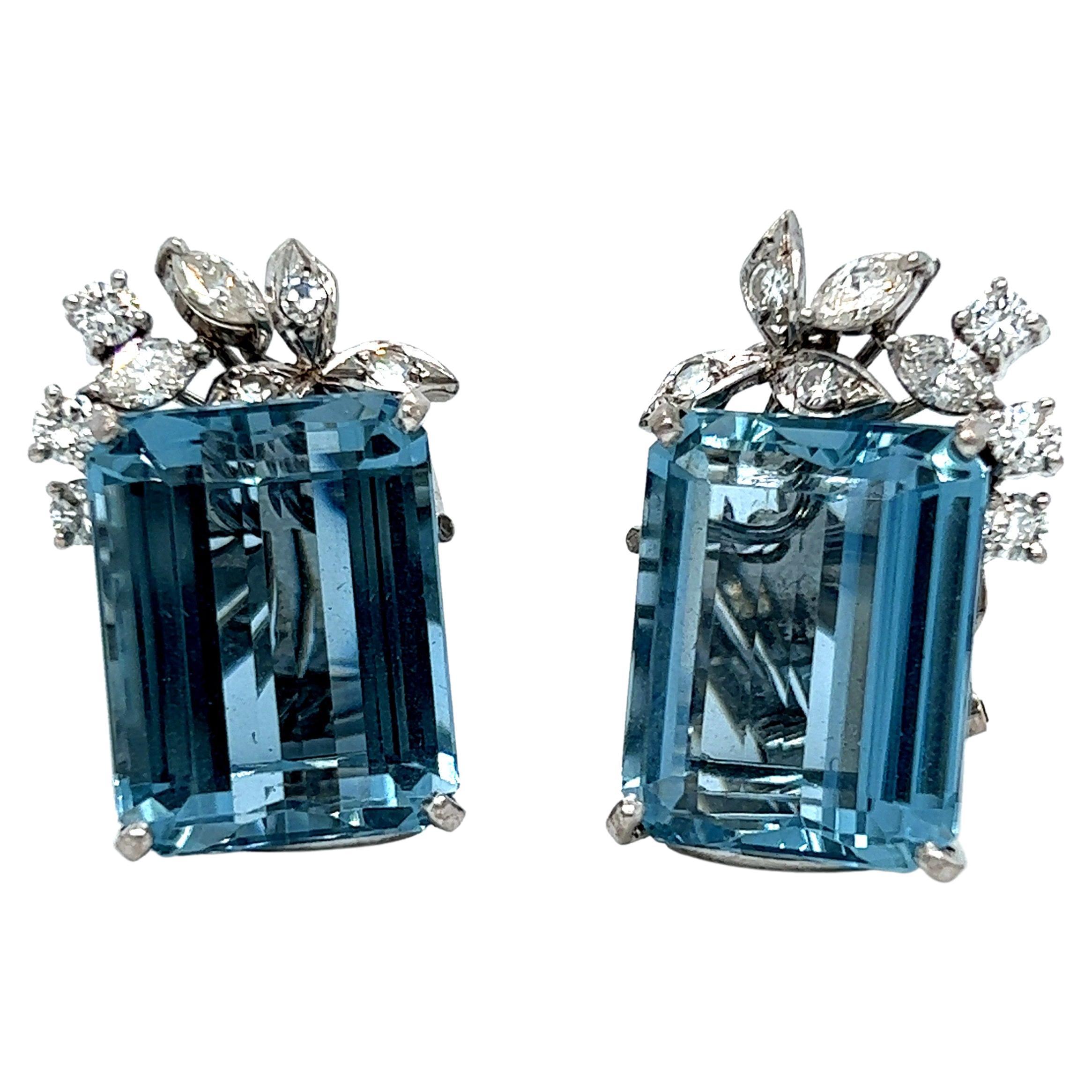 Fantastic Retro Vintage 14K White Gold Blue Topaz Earrings with Diamond Accents