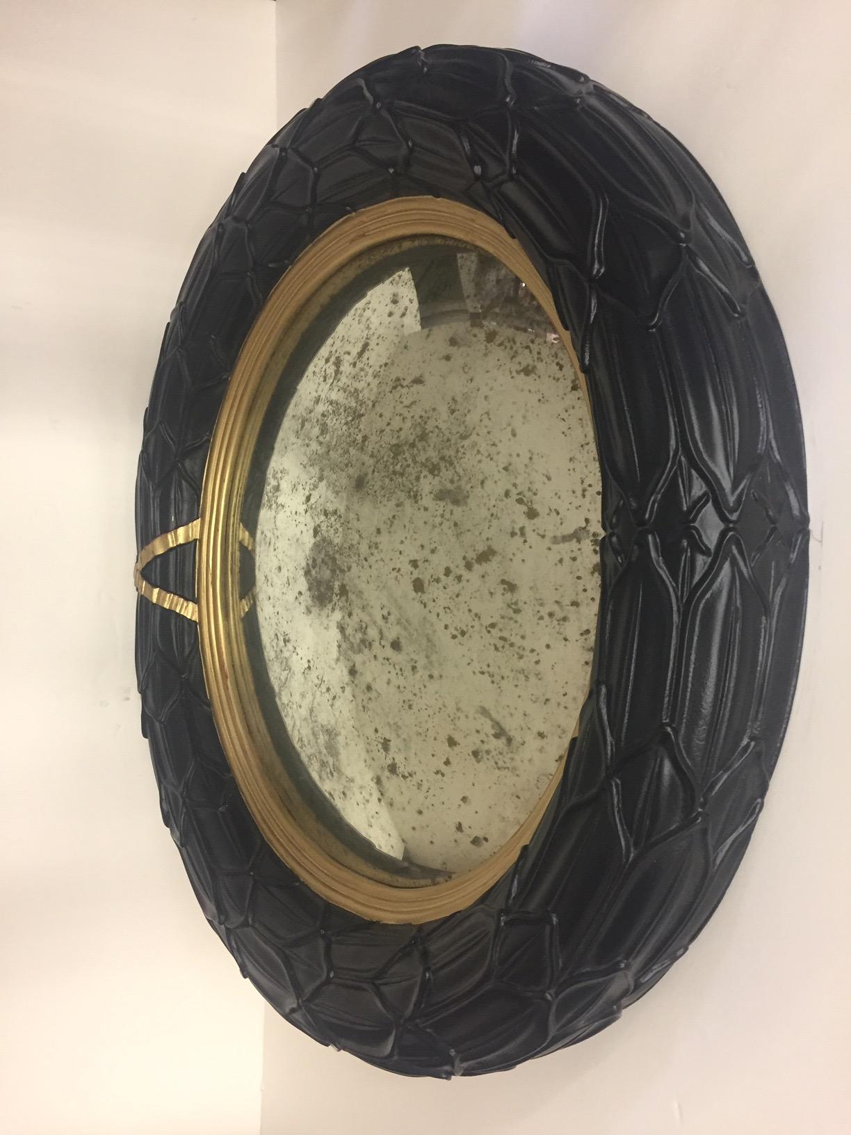 Late 20th Century Fantastic Round Ebonized and Gilt Convex Mirror