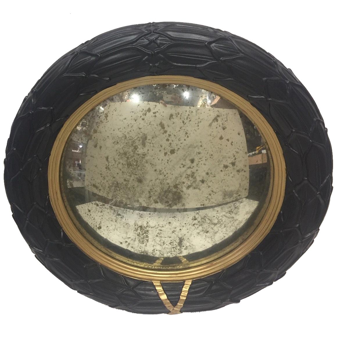 Fantastic Round Ebonized and Gilt Convex Mirror