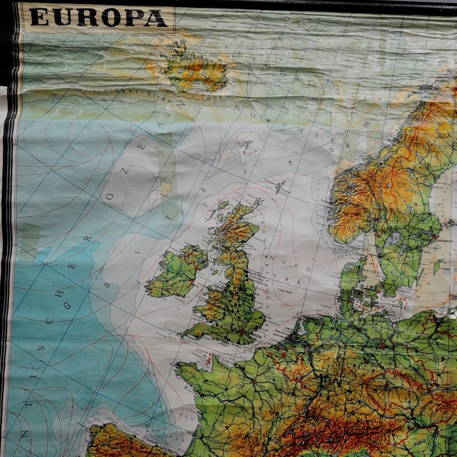 An impressive wall chart depicting a map of Europe. Used as teaching material in German schools. Colorful print on paper reinforced with canvas. Published by Karl Wenschow, Munich. The map was used in geography lessons and is a perfect wall