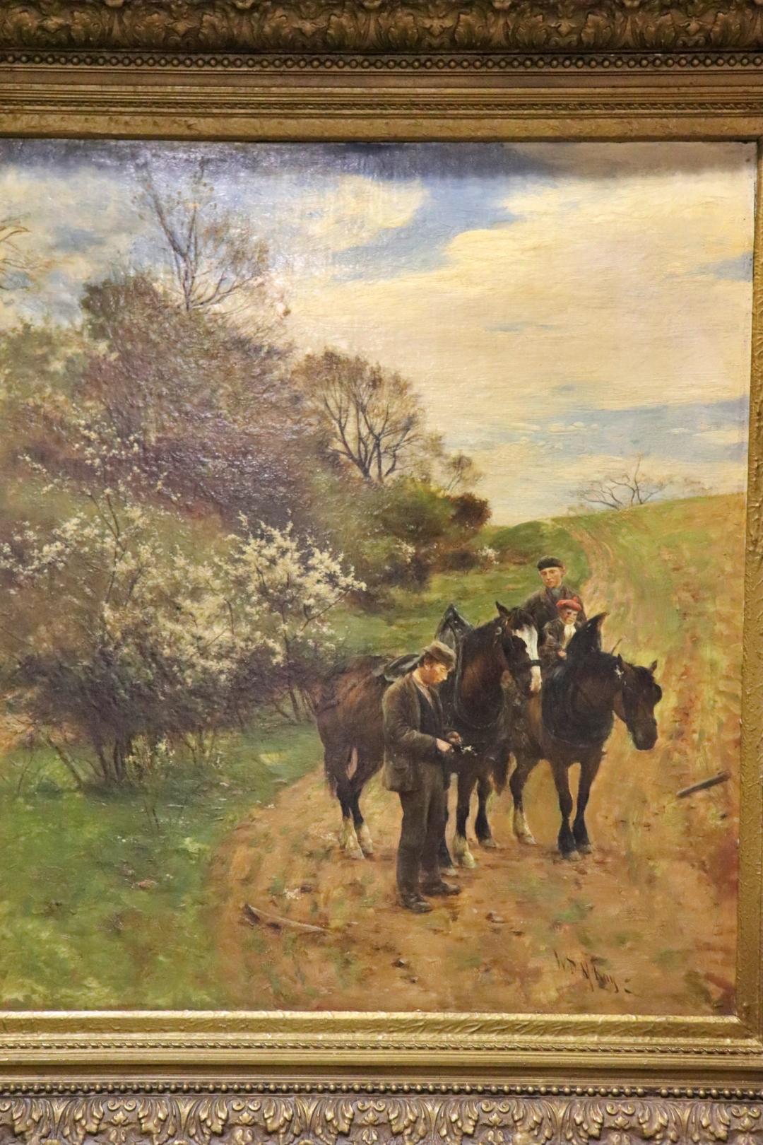 Figuren auf einer Landstraße mit Pferden. Künstler William Darling McKay (1844 - 1924). Der schottische Künstler studierte in Holland und wurde von der Haager Schule beeinflusst. Er ist bekannt für schottische Landschaften und Darstellungen des