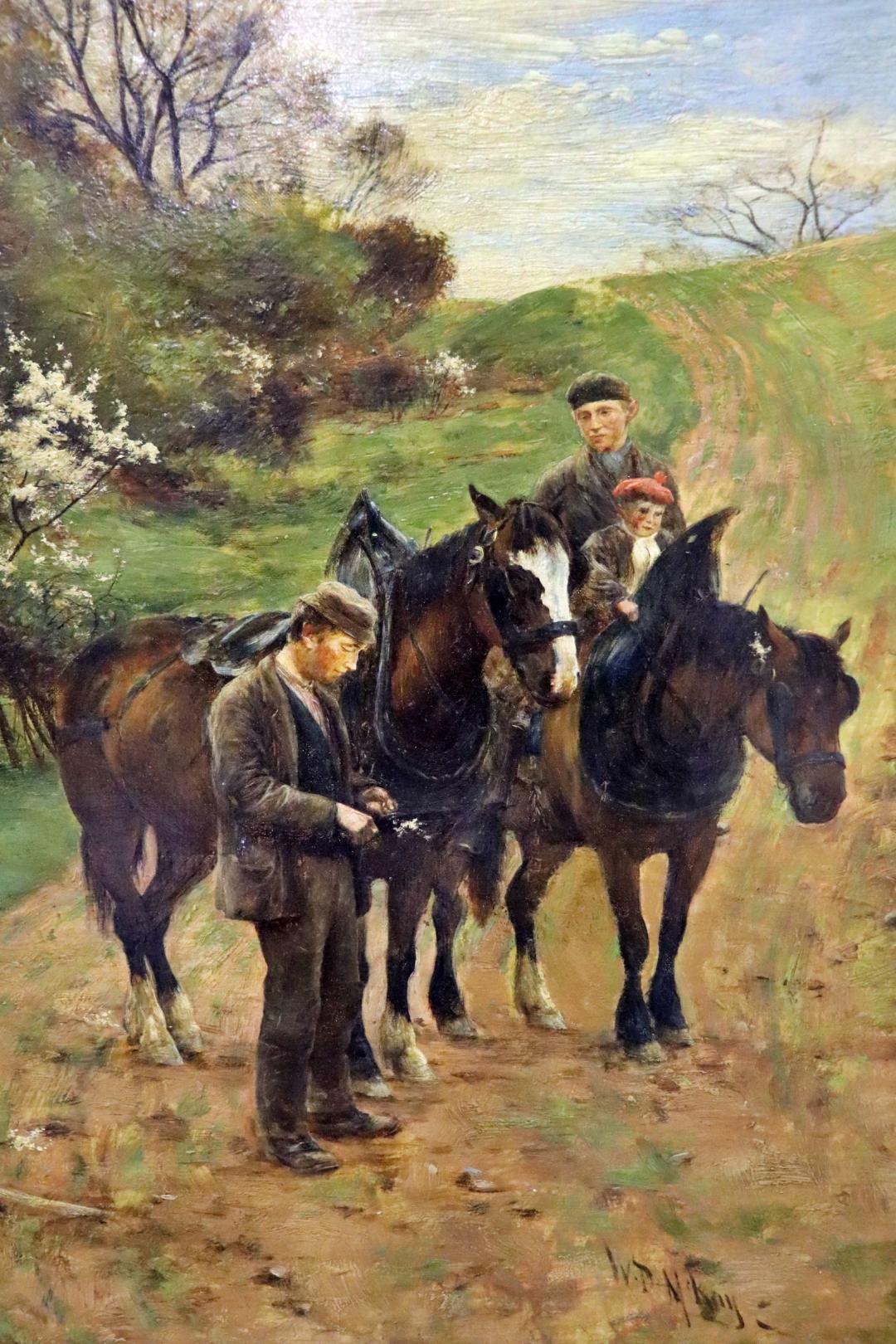 Fantastic Scottish Painting of Men with Horses by Listed Artist William D. McKay In Good Condition For Sale In Swedesboro, NJ