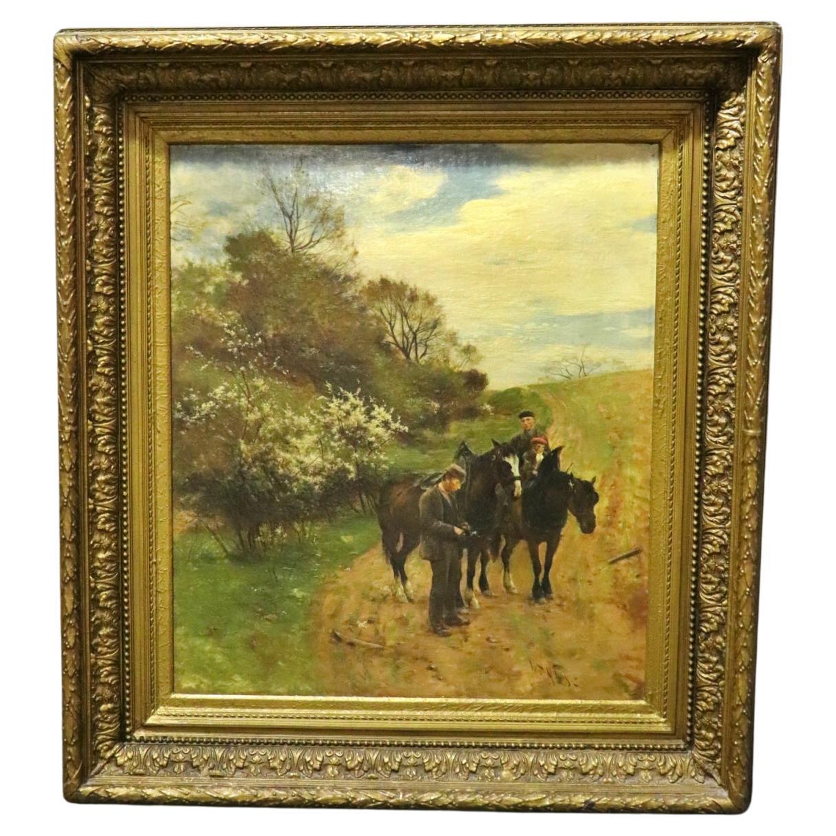 Fantastic Scottish Painting of Men with Horses by Listed Artist William D. McKay For Sale