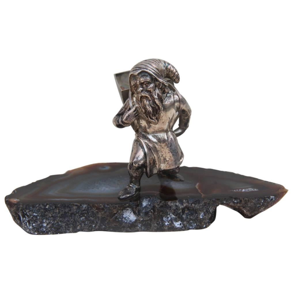 Fantástica Escultura de Plata y Piedra Gnomo de los Años 70 Diseño Italiano