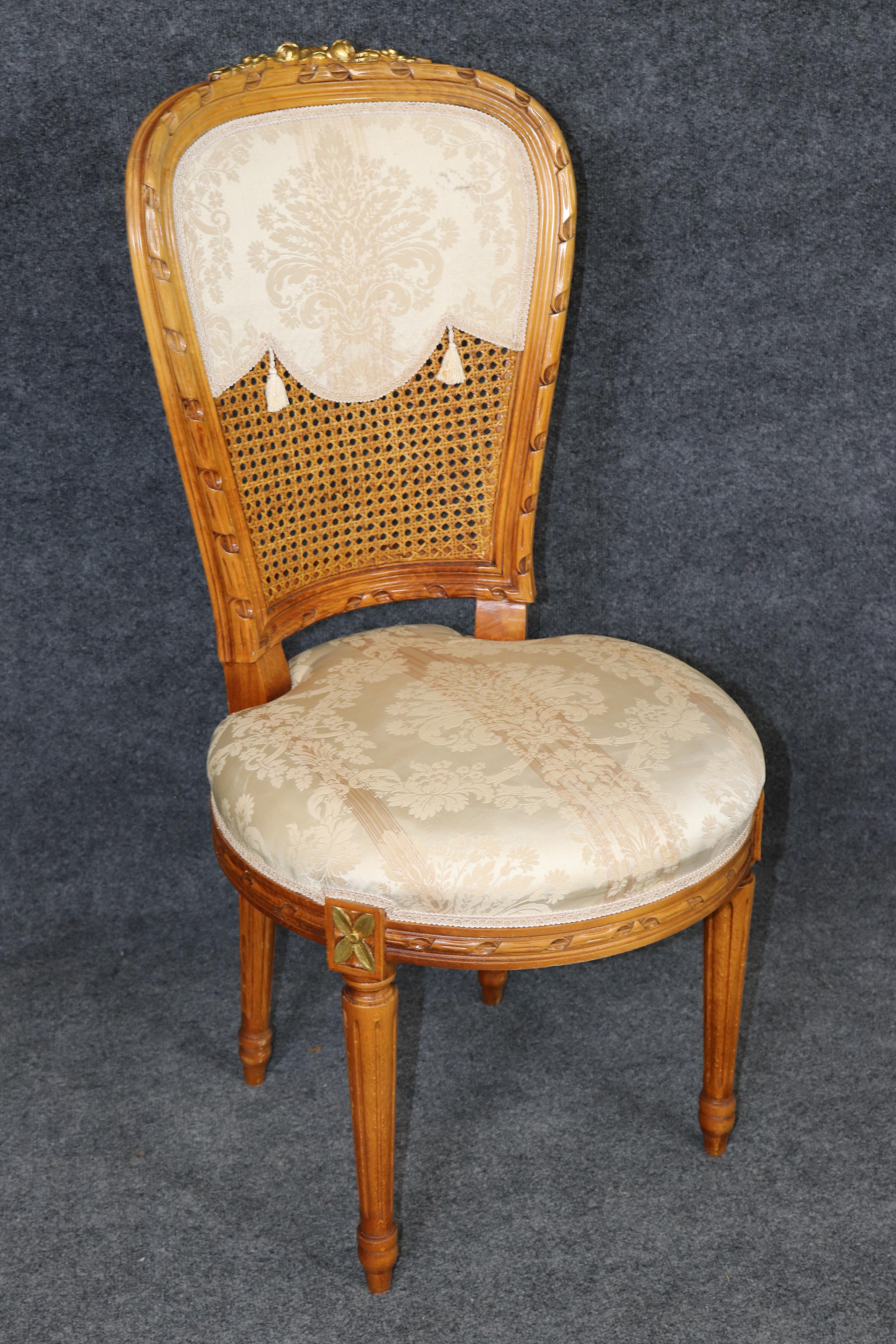 Fantastic set of 10 French Louis XVI Cane Damask Upholstered Dinng Chairs im Angebot 4