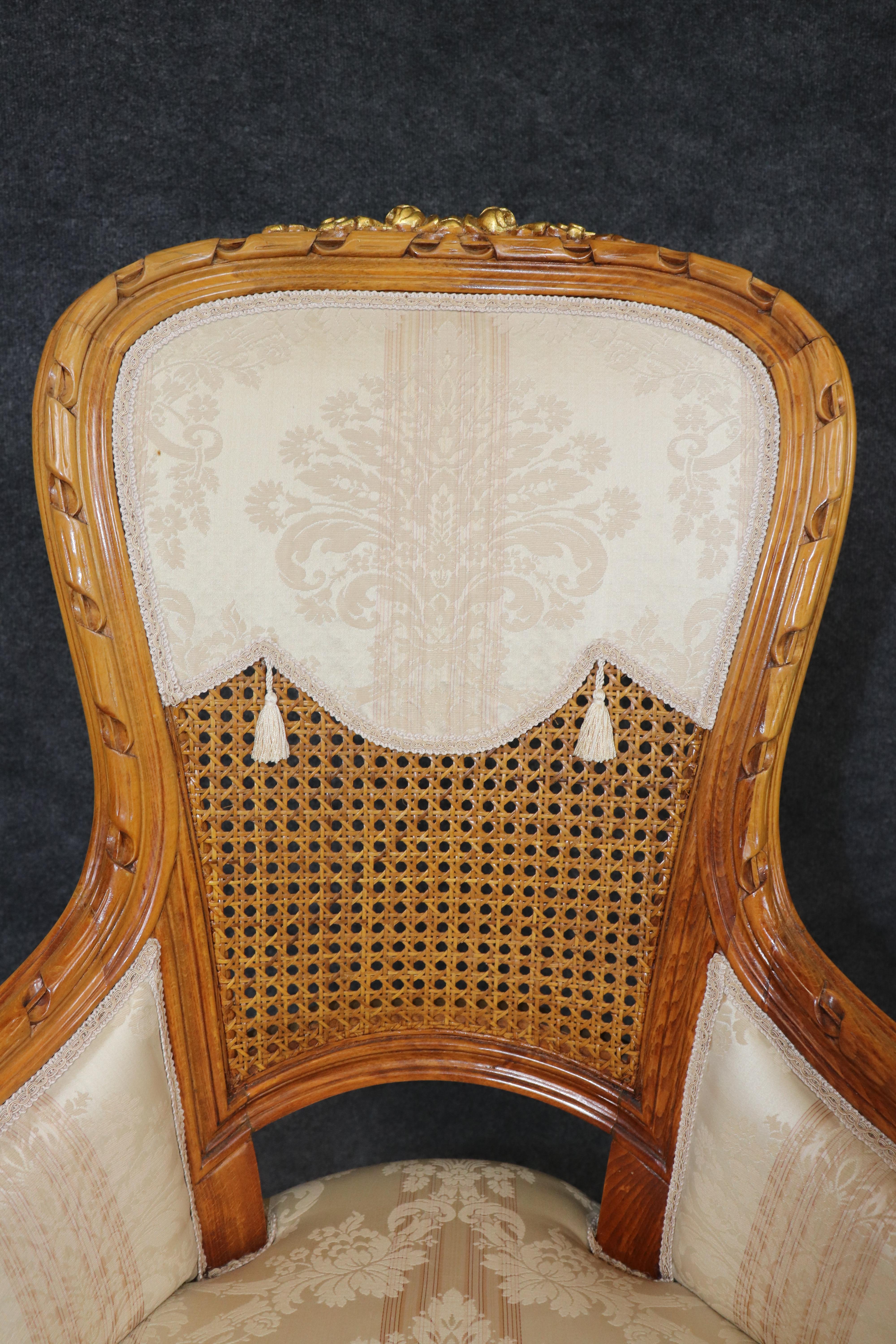 Fantastic set of 10 French Louis XVI Cane Damask Upholstered Dinng Chairs im Angebot 7