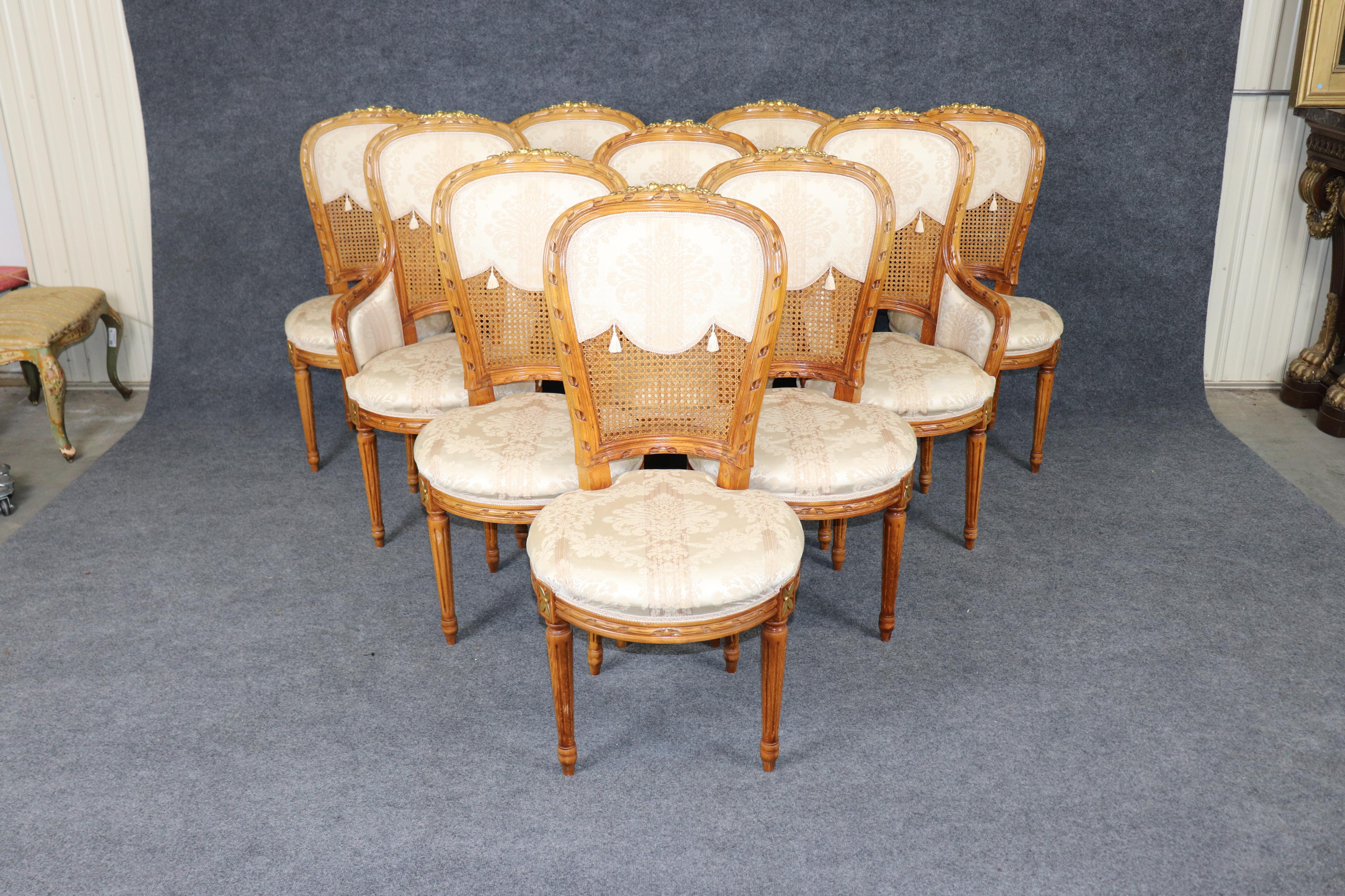 Fantastic set of 10 French Louis XVI Cane Damask Upholstered Dinng Chairs (Französisch) im Angebot