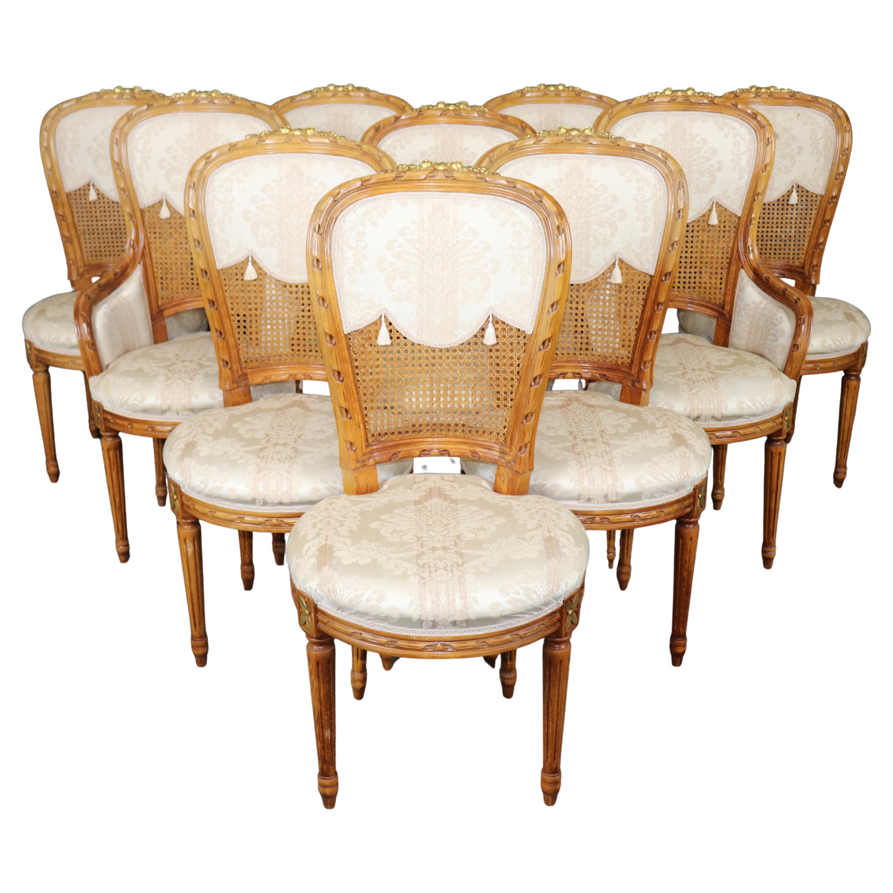 Fantastic set of 10 French Louis XVI Cane Damask Upholstered Dinng Chairs