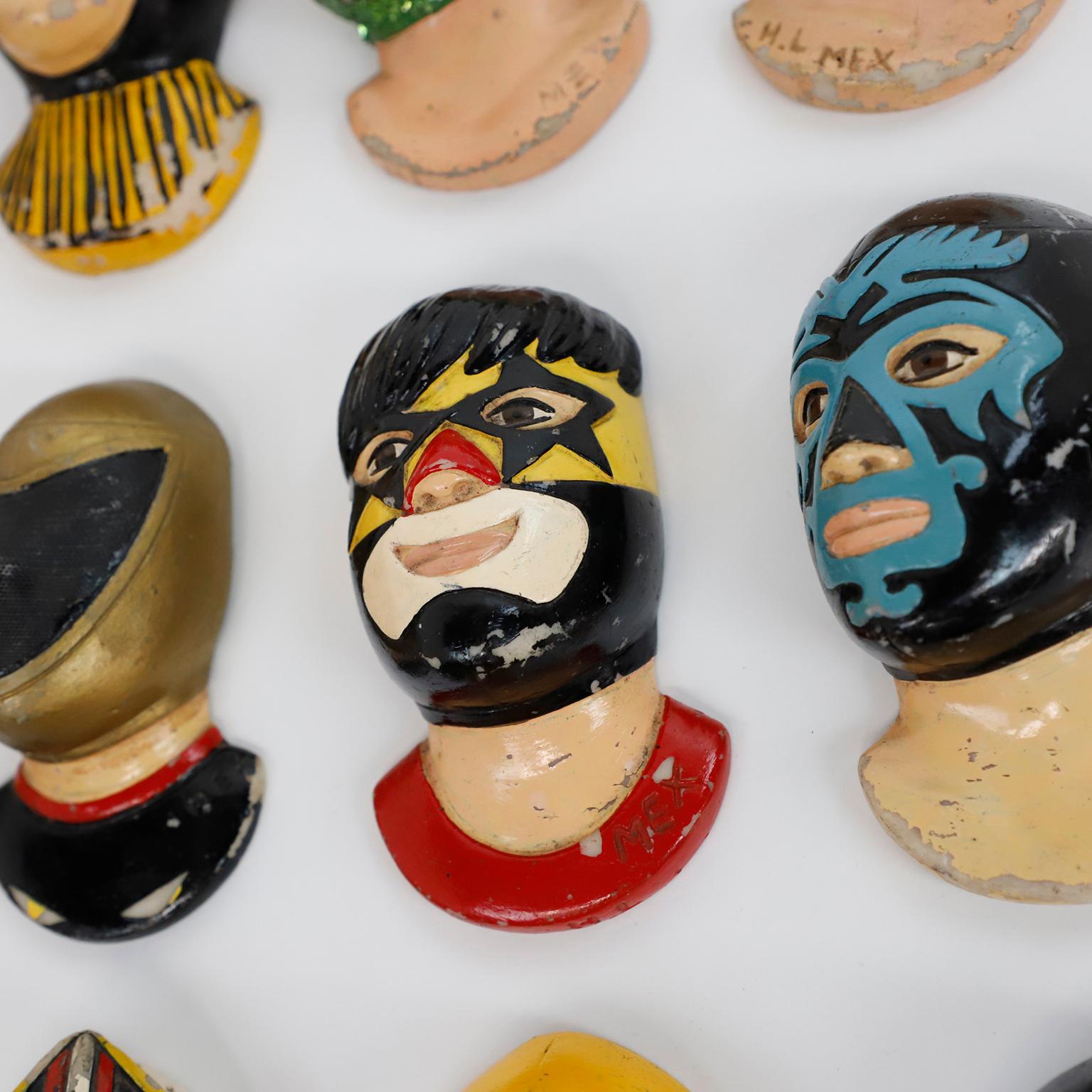 Late 20th Century Fantastic Set of 38 Vintage Mexican Wrestling Fighters Heads
