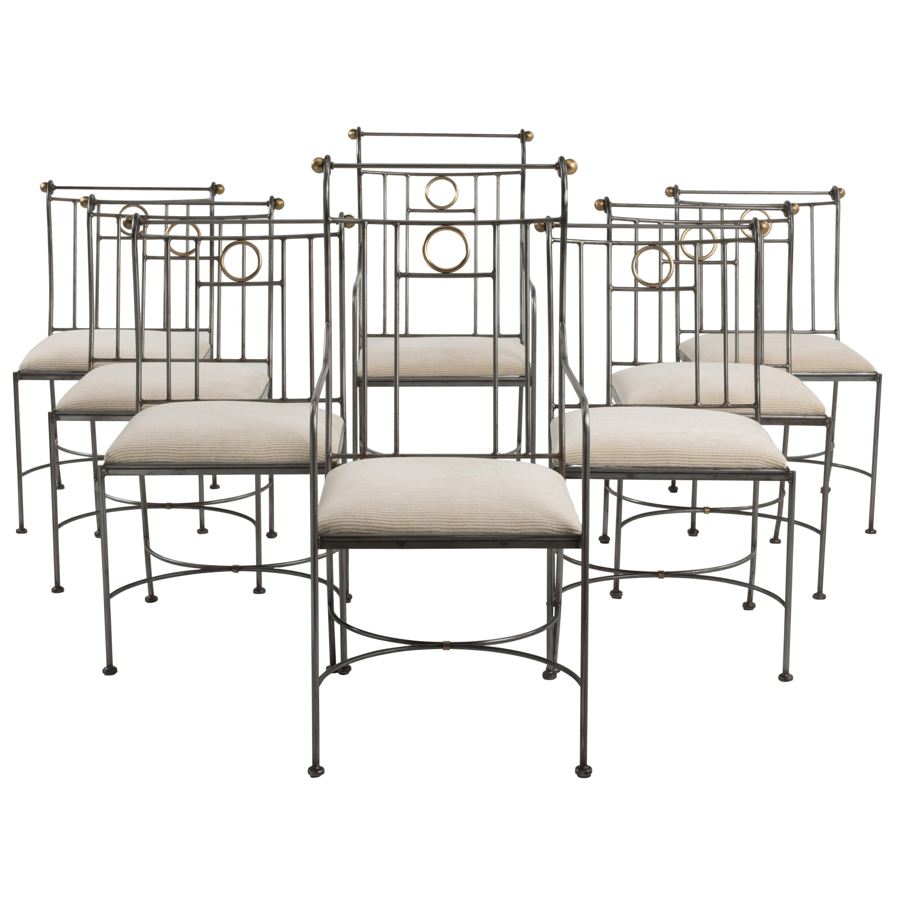 Fantastic Set of 8 Steel and Brass Italian Dining Chairs