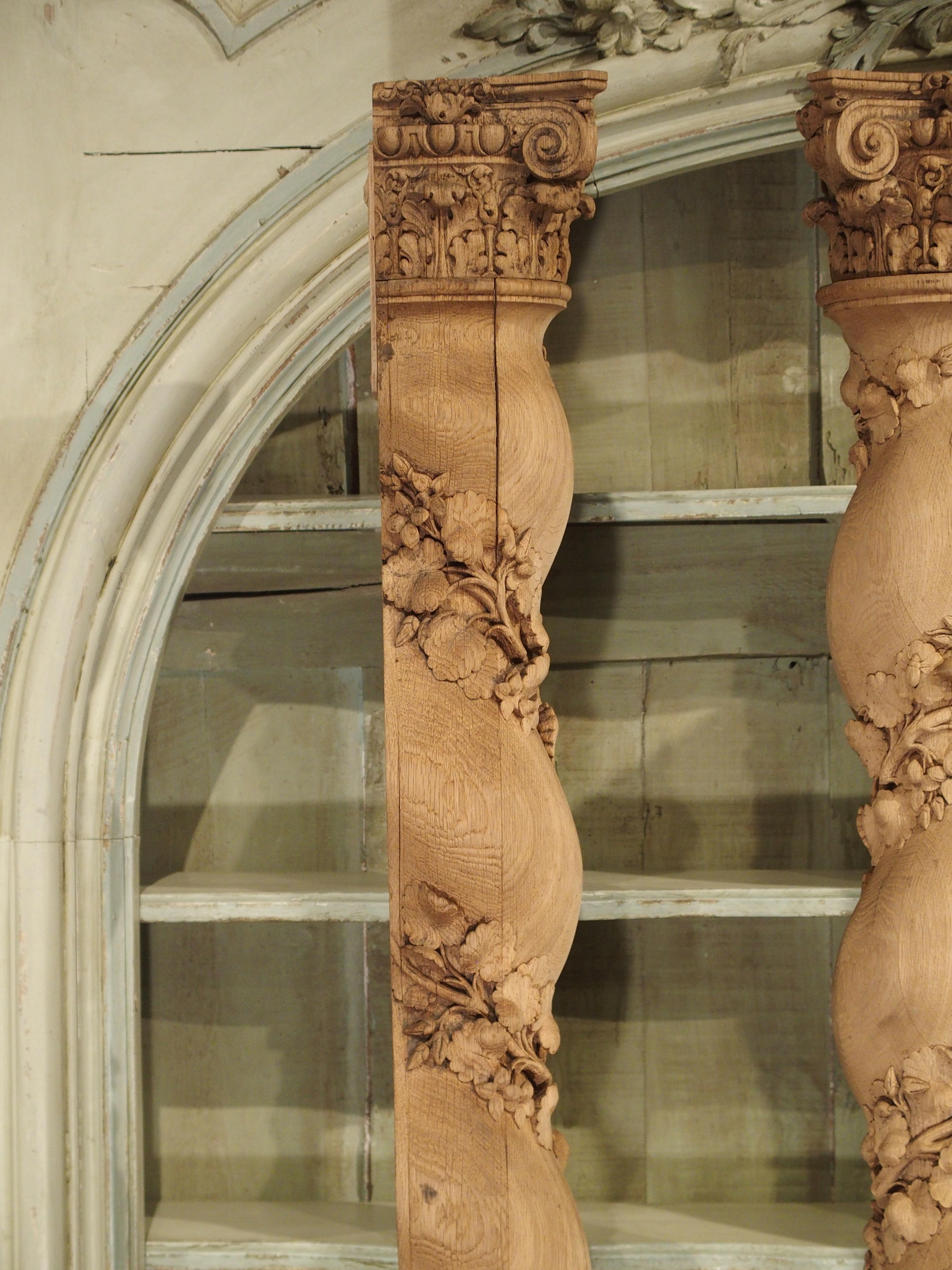 Fantastic Set of Four French Solomonic Half Columns in Carved and Bleached Oak 10