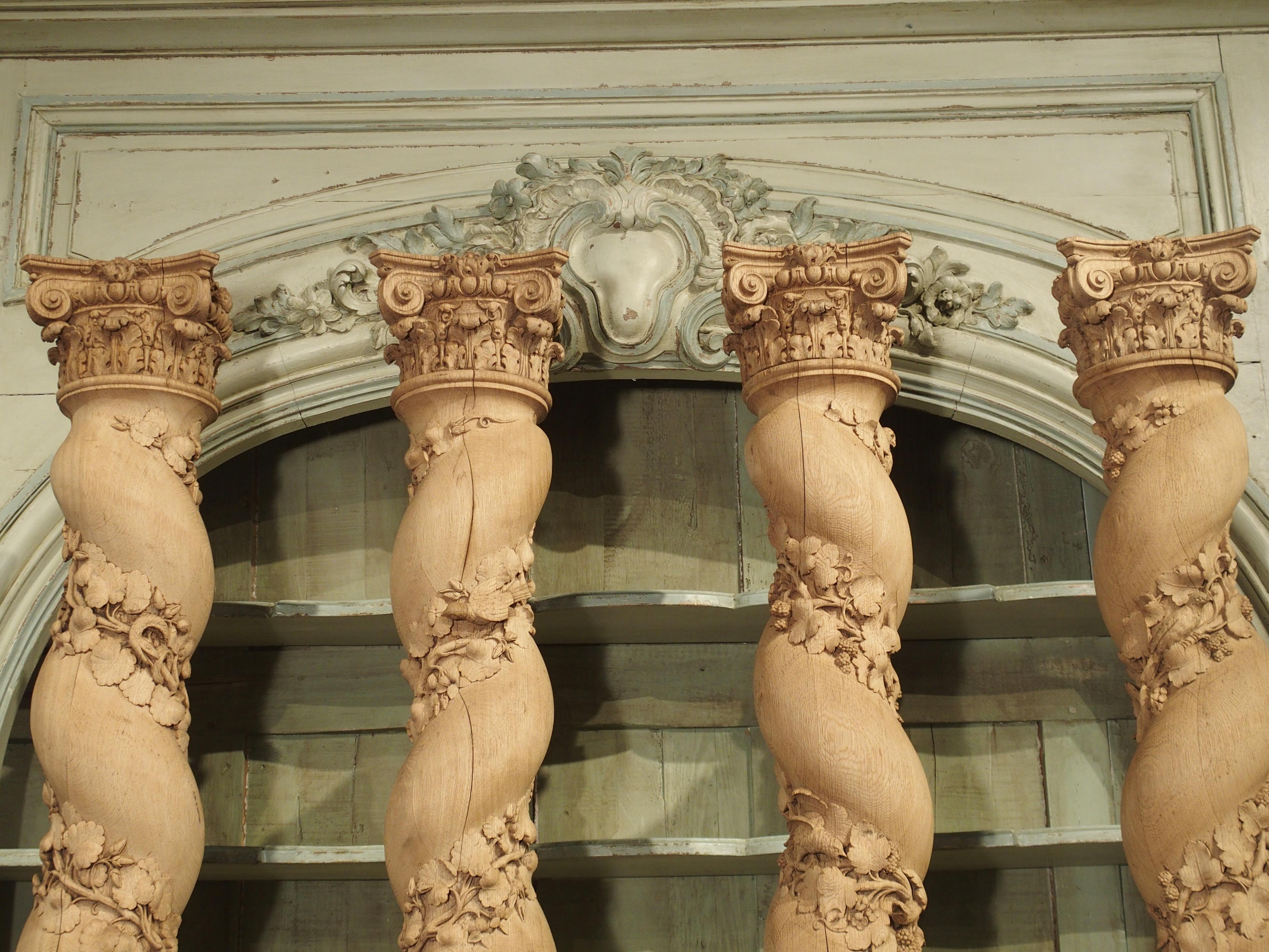 Fantastic Set of Four French Solomonic Half Columns in Carved and Bleached Oak 15