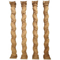 Antique Fantastic Set of Four French Solomonic Half Columns in Carved and Bleached Oak