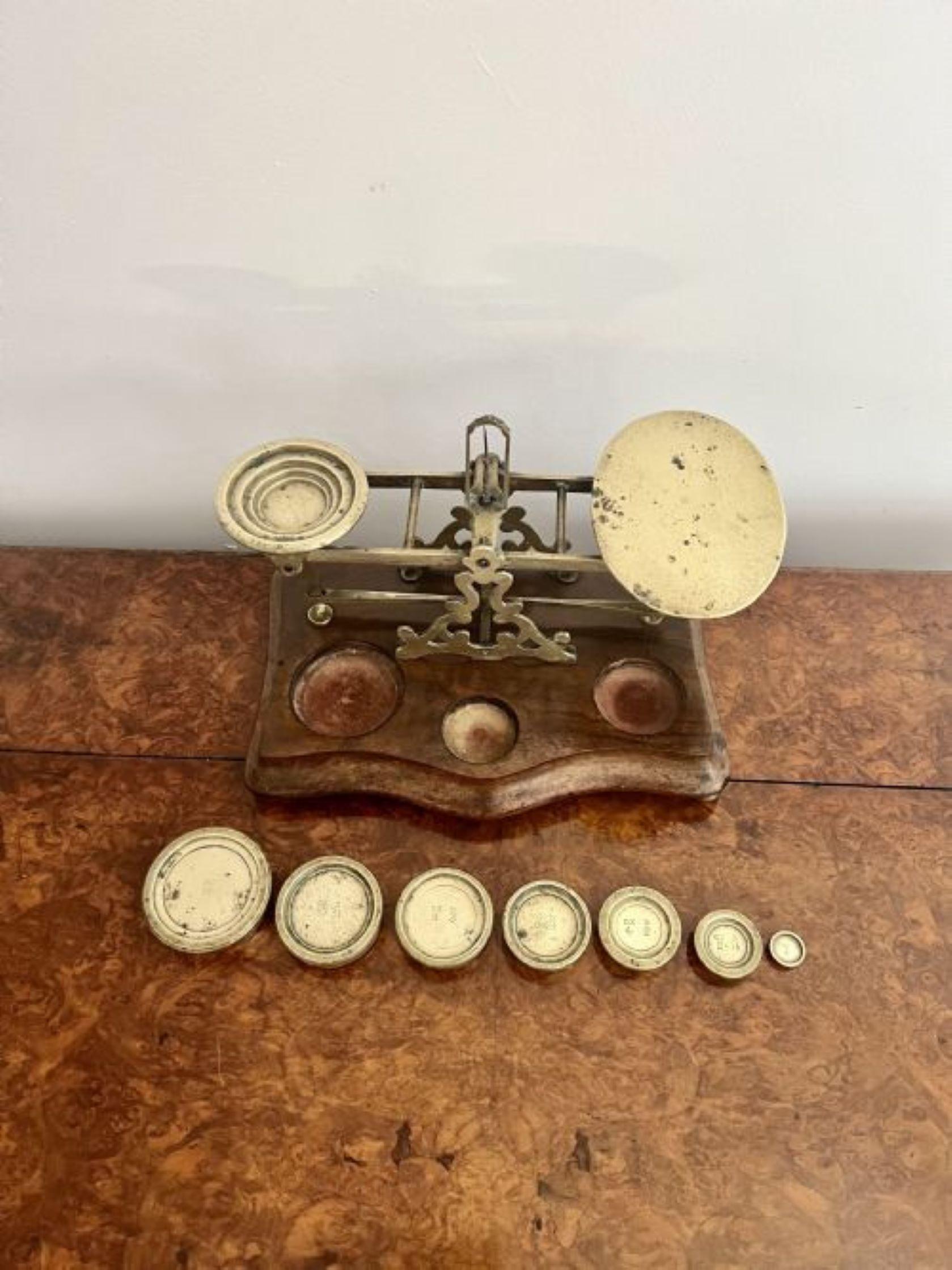 Fantastic set of large antique Victorian postal scales and weights by S.Mordan having a fantastic quality set of antique Victorian scales by S.Mordan & Co London, the brass scales mounted on a walnut base raised on bun feet with the original brass