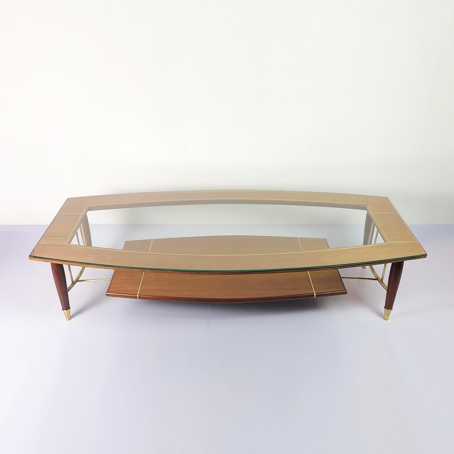 We offer these tables in mahogany wood and brass accents designed by Frank Kyle, circa 1970.