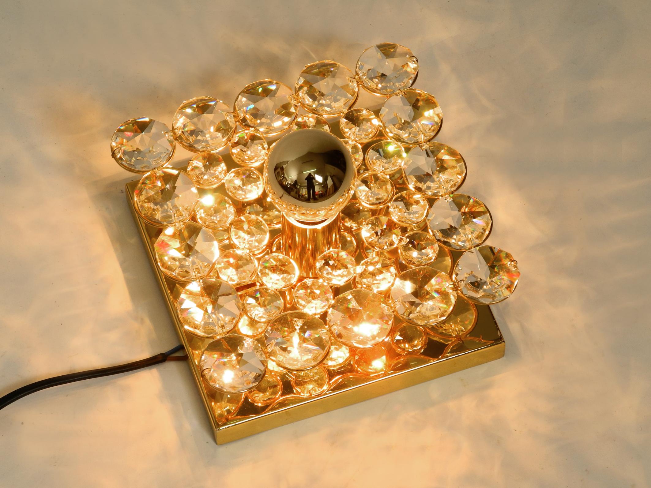 Fantastic Small 70s Palwa Brass Ceiling or Wall Lamp with Faceted Crystal Stones For Sale 1