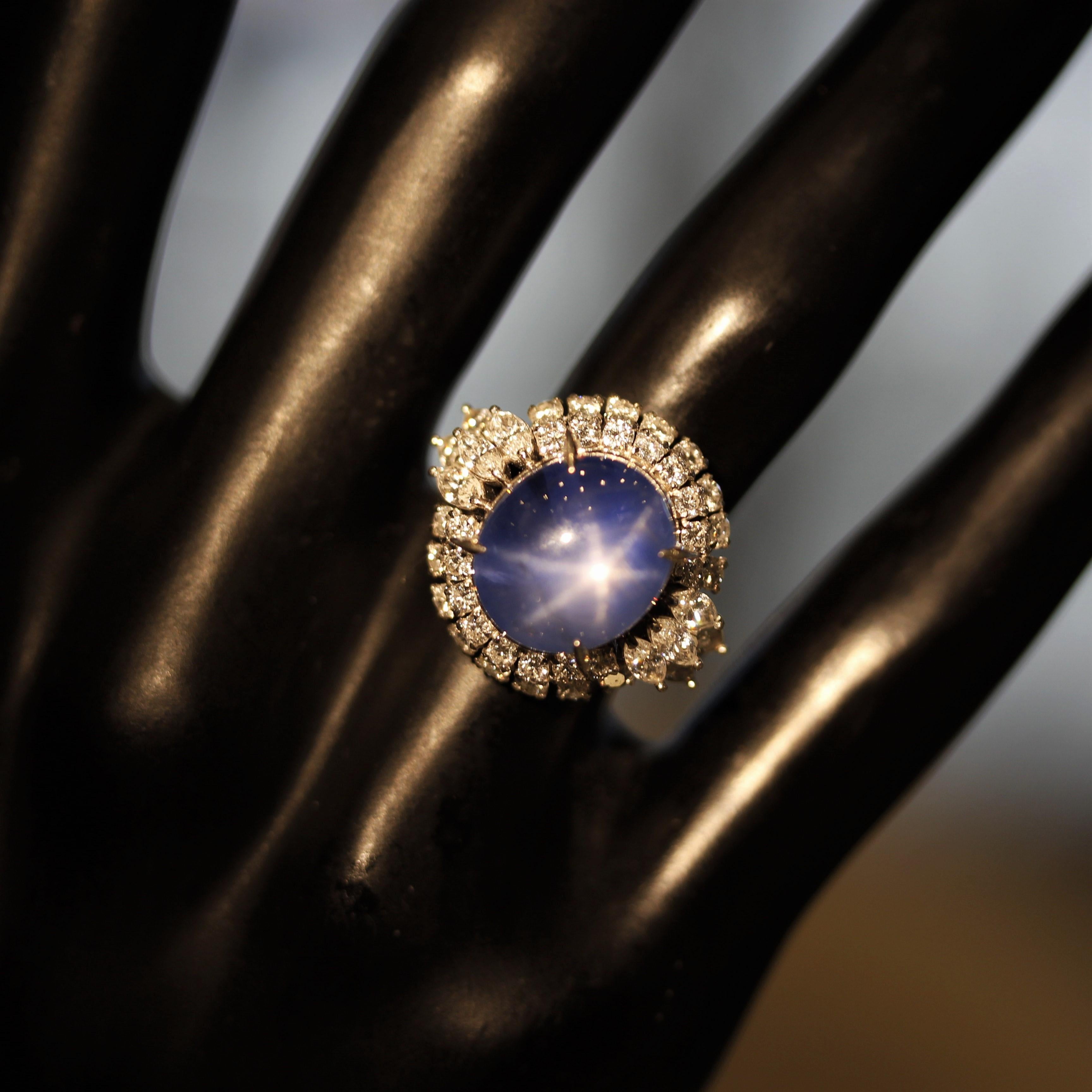 Mixed Cut Fantastic Star Sapphire Diamond Platinum Ring For Sale