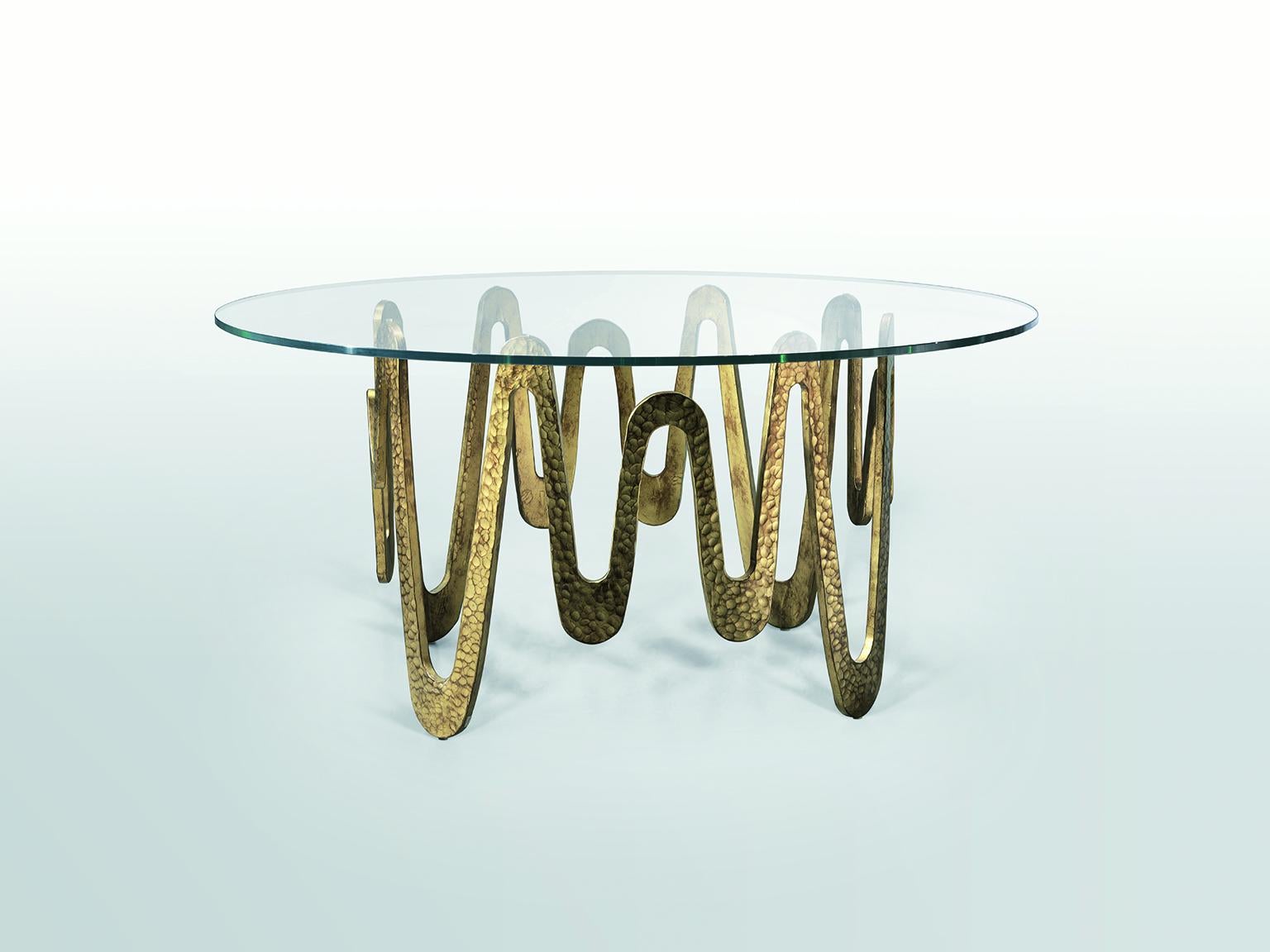 Italian Fantastic Table with Hammered Base, Bronze or Silver Finish Glass Top For Sale