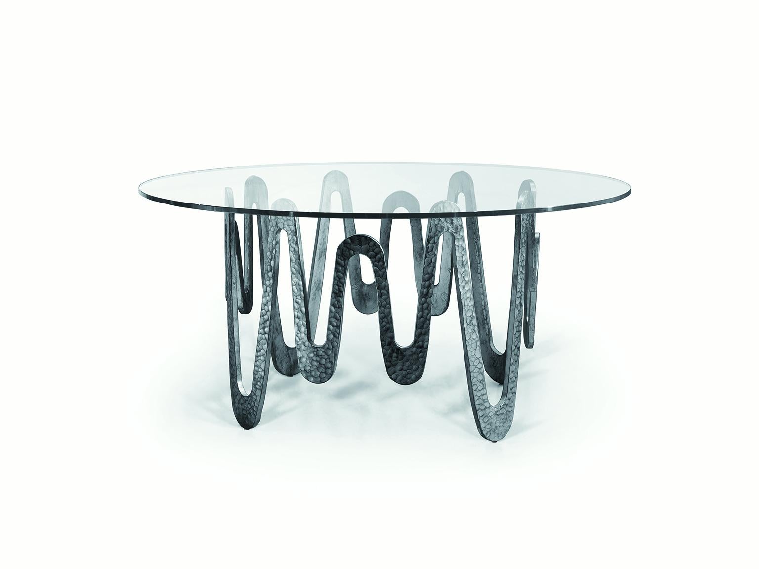 Other Fantastic Table with Hammered Base, Bronze or Silver Finish Glass Top For Sale