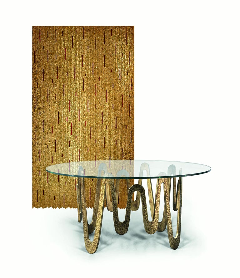Contemporary Fantastic Table with Hammered Base, Bronze or Silver Finish Glass Top For Sale