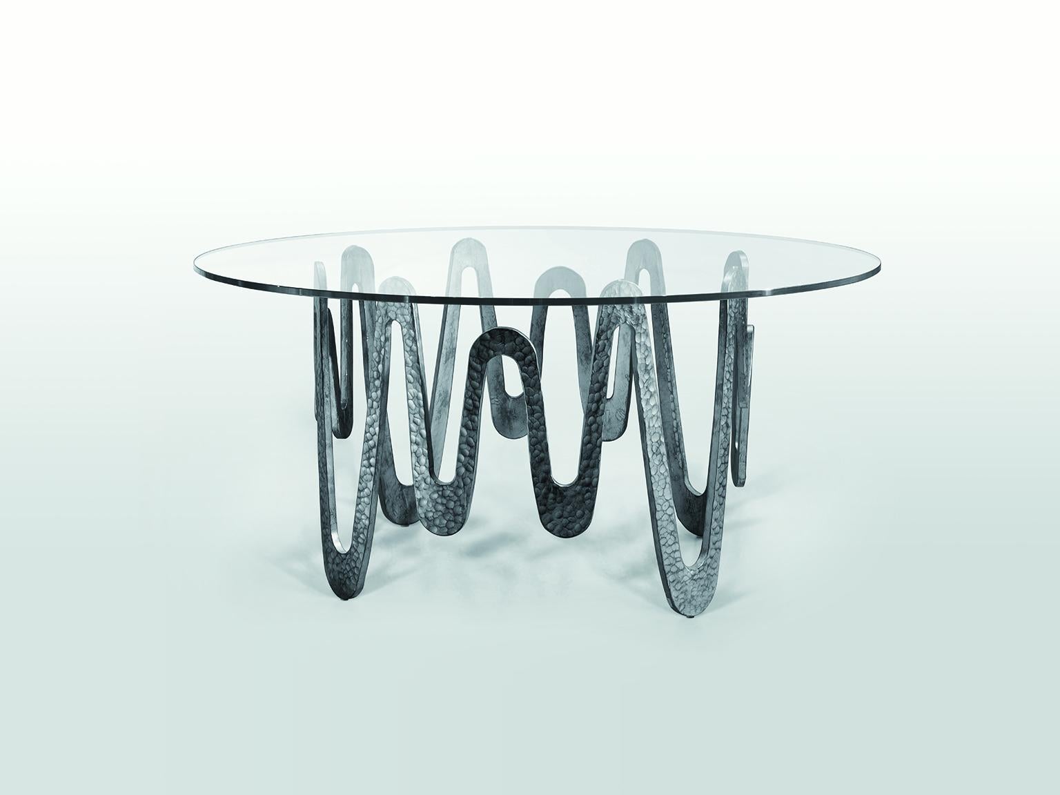 Metal Fantastic Table with Hammered Base, Bronze or Silver Finish Glass Top For Sale