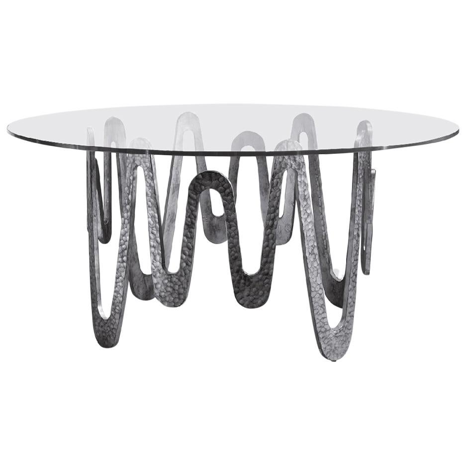 Fantastic Table with Hammered Base, Bronze or Silver Finish Glass Top For Sale