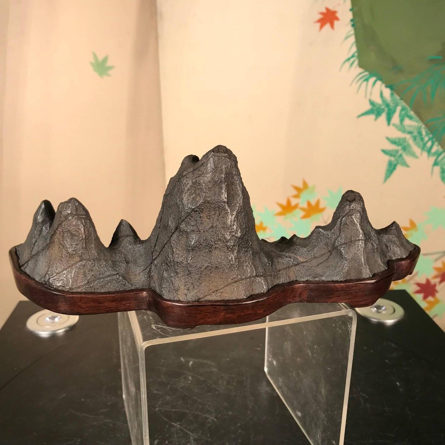 Stone Tall Mountain Scholar Rock, Natural Bonsai Suiseki with Eight High Peaks