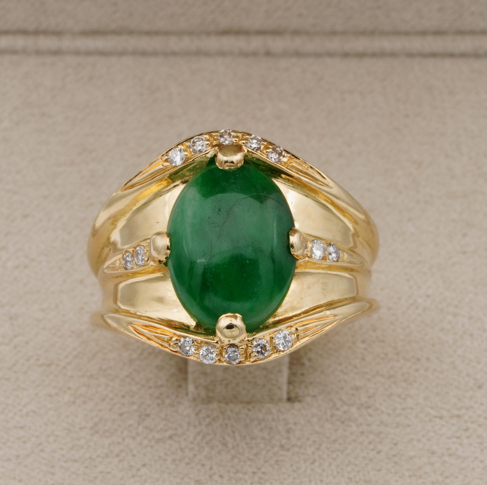 A Legend since Neolithic times

Magnificent example of natural Green Jade and Diamond ring, hand fashioned for today's lifestyle.
Stylish design made during the 60's / 80's by the great Italian master craftsmen
Heavy gold mount of solid 18 KT gold,