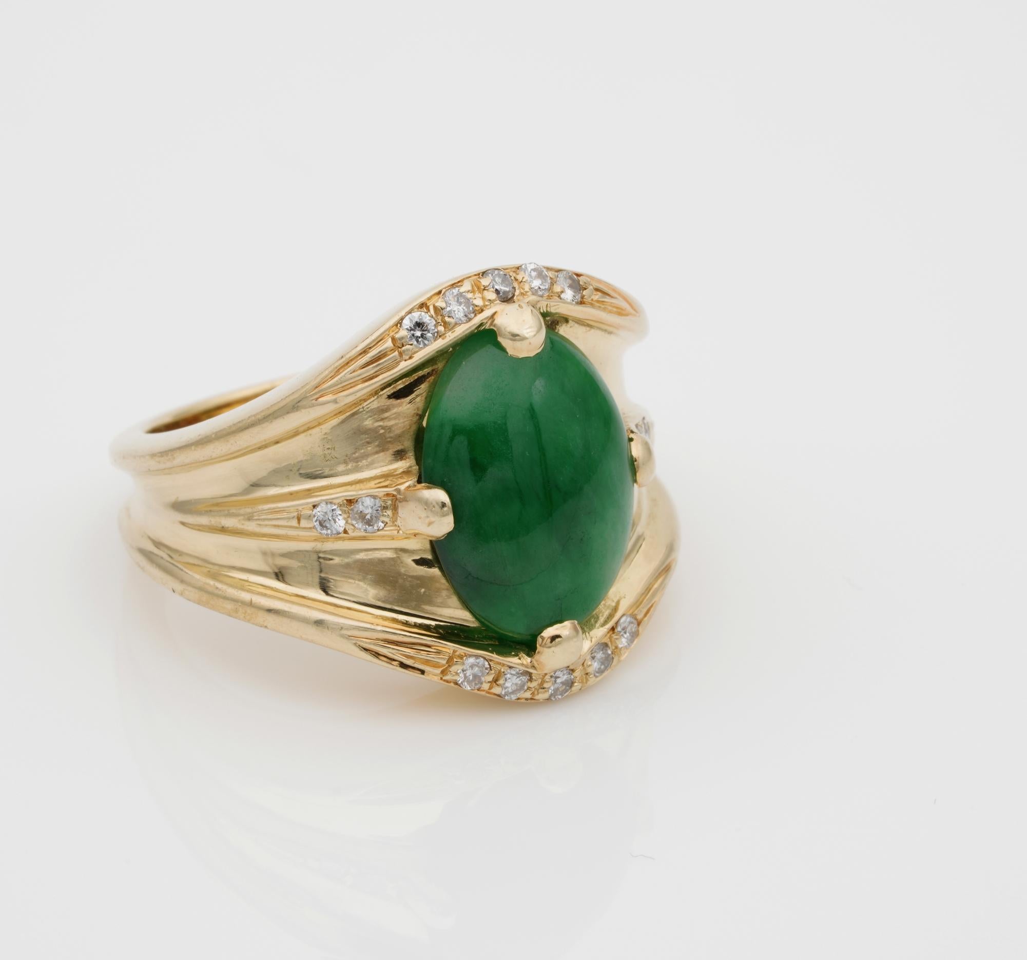 Contemporary Fantastic Timeless Style Green Jade Diamond Vintage Ring For Sale