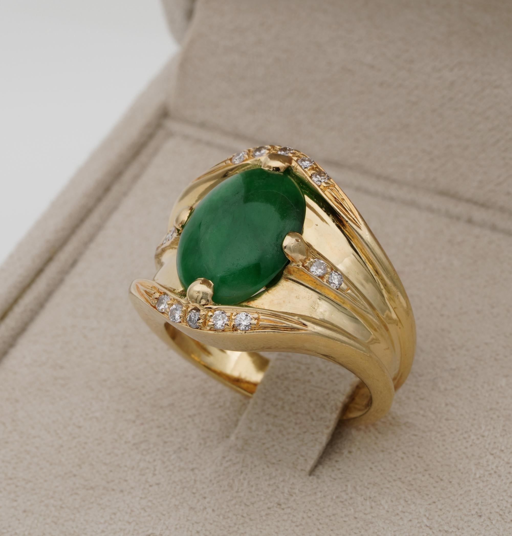 Fantastic Timeless Style Green Jade Diamond Vintage Ring For Sale 1