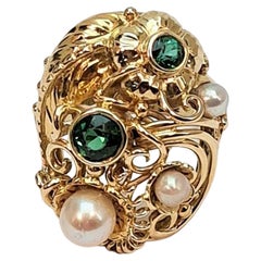 Vintage Fantastic "Vegetable Ring" 585 Gold, Pearls and Tsavorite from Bender