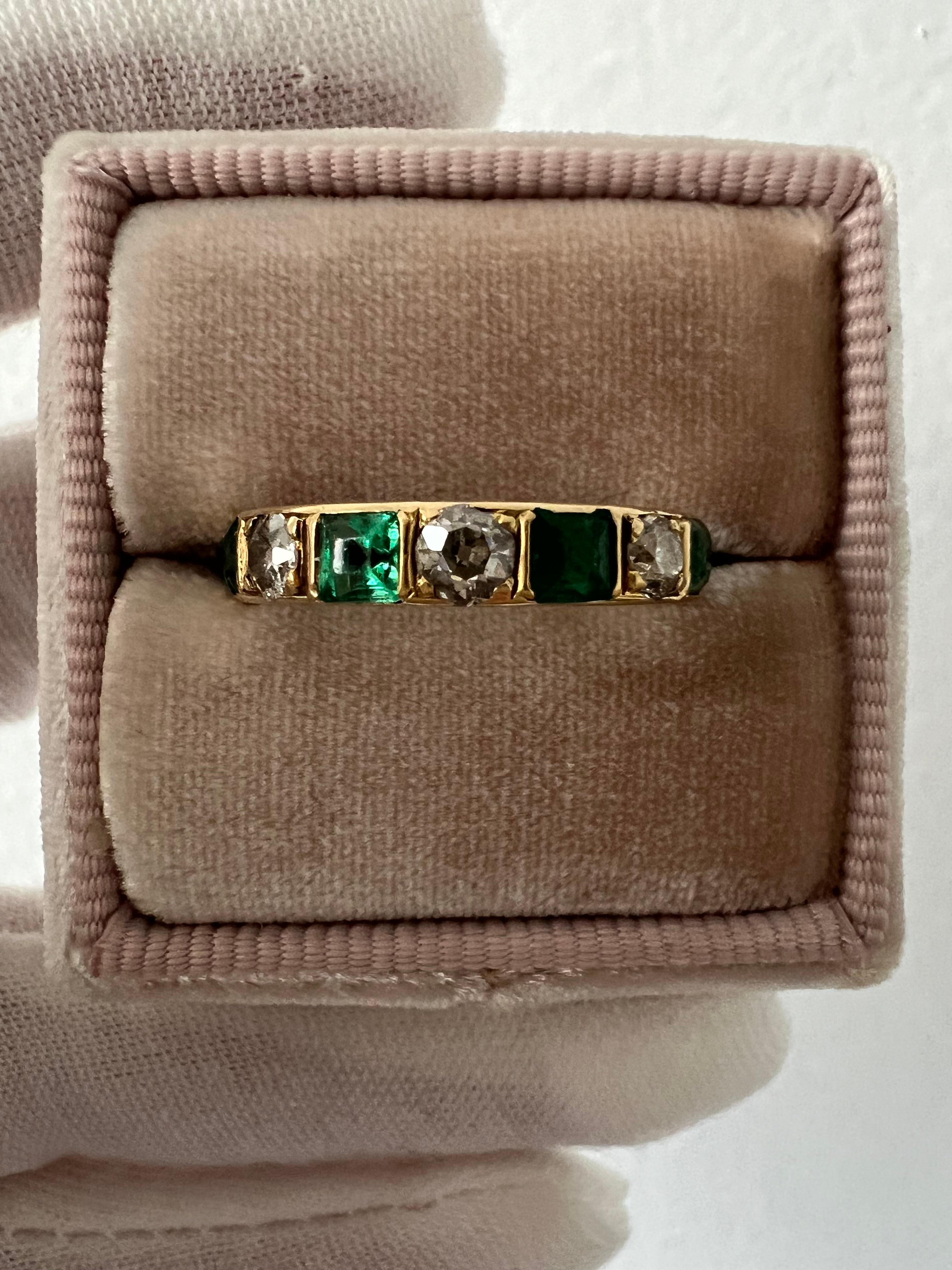 Emerald Cut Fantastic Vintage 18K Yellow Gold Emerald and Diamond Eternity Band Wedding Band