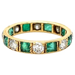 Fantastic Antique 18K Yellow Gold Emerald and Diamond Eternity Band Wedding Band