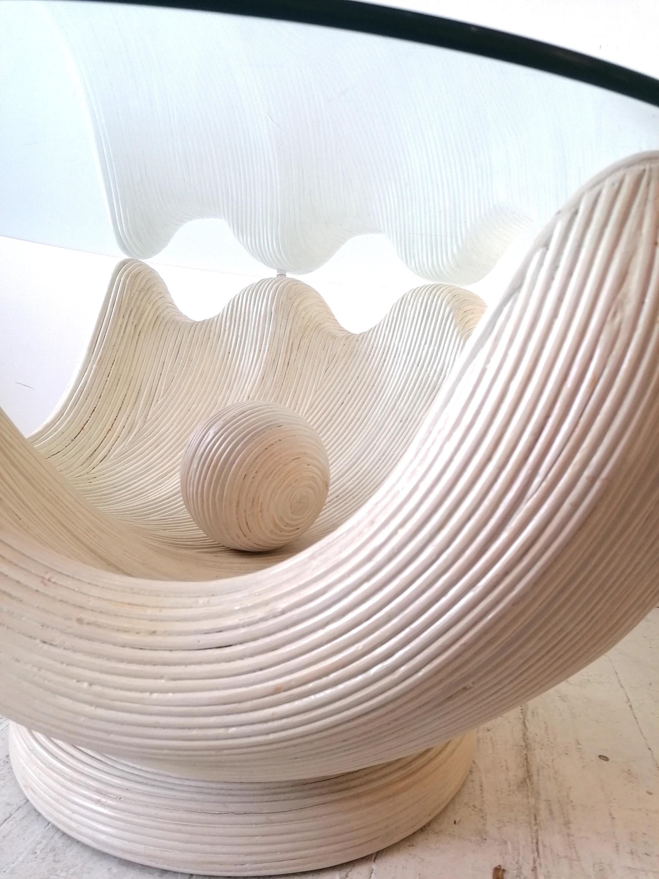 Fantastic Vintage Pencil Reed Clam Shell with Pearl Coffee Table, USA, 1970s 4