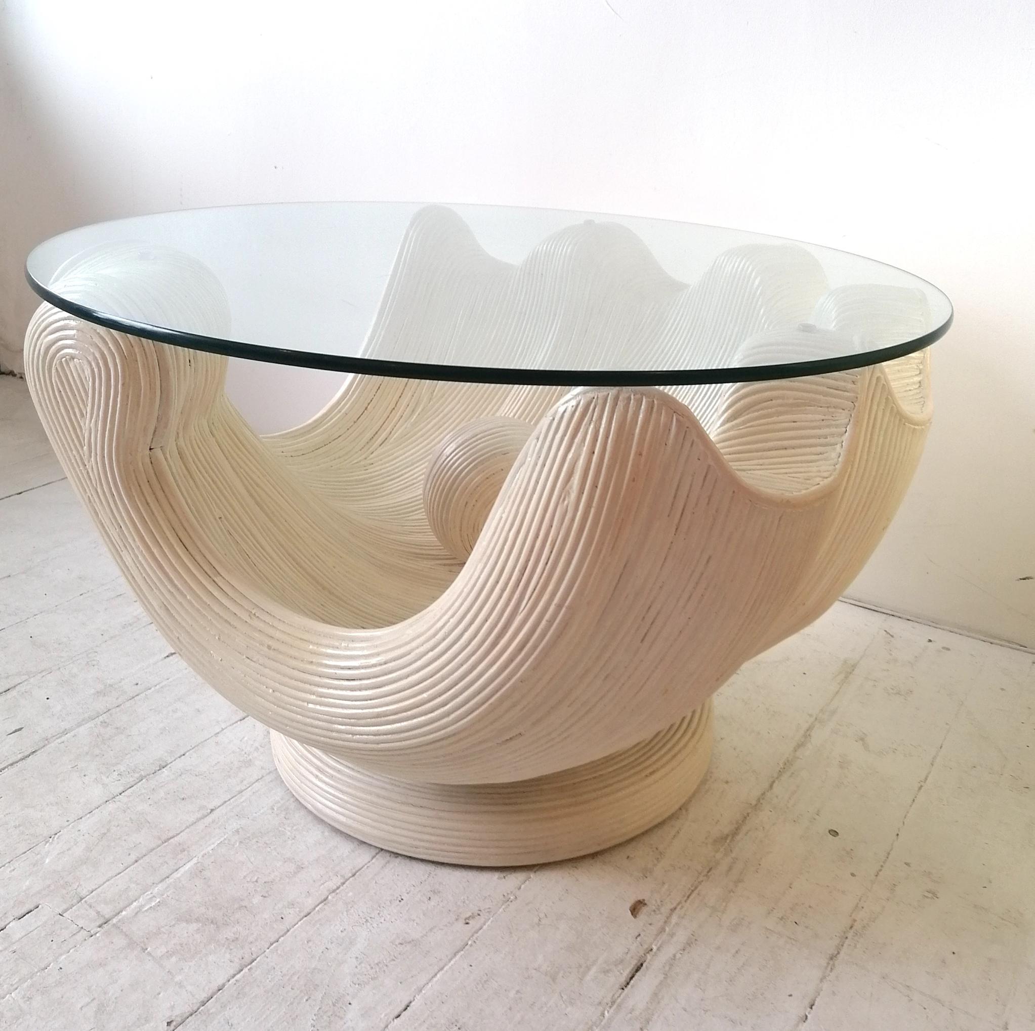 American Fantastic Vintage Pencil Reed Clam Shell with Pearl Coffee Table, USA, 1970s