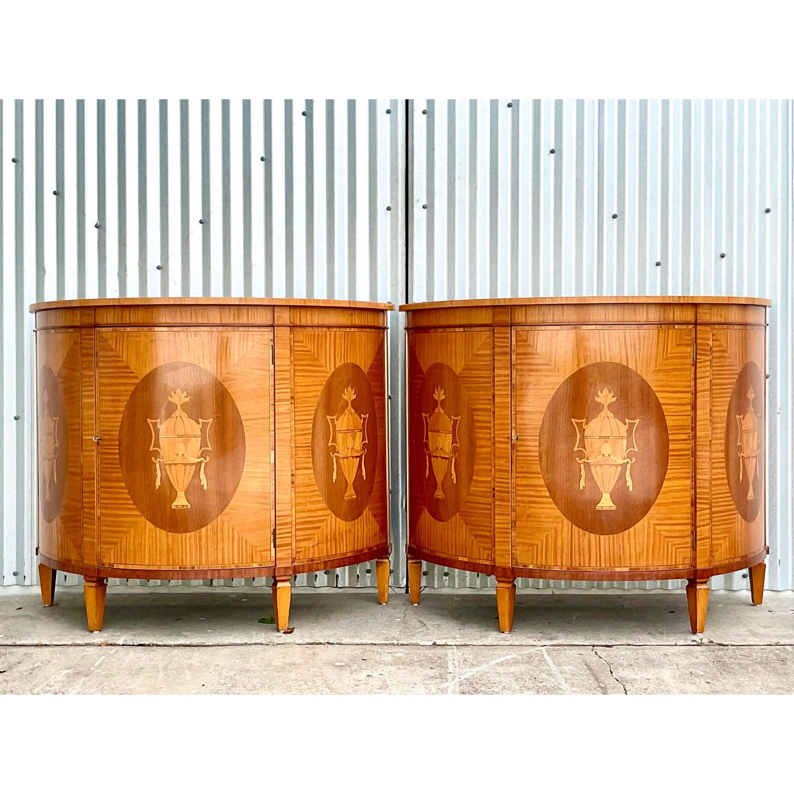Fantastic Vintage Regency Marquetry Demilune Console Cabinets, a Pair In Good Condition In west palm beach, FL