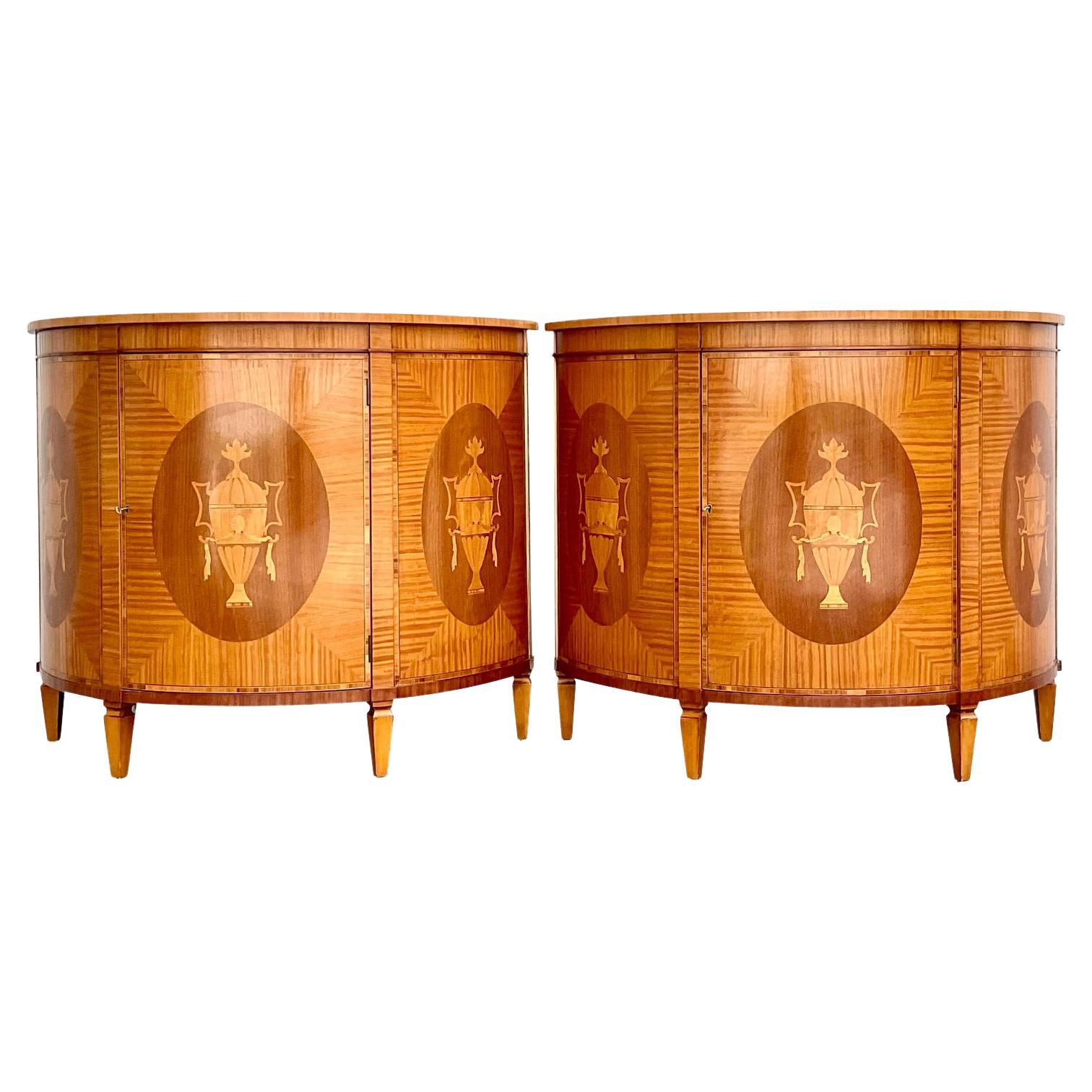Fantastic Vintage Regency Marquetry Demilune Console Cabinets, a Pair