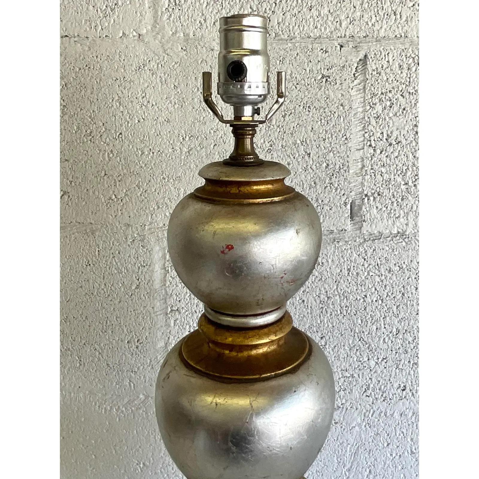 Regency Vintage Silver Leaf and Gilt Table Lamp After James Mont For Sale