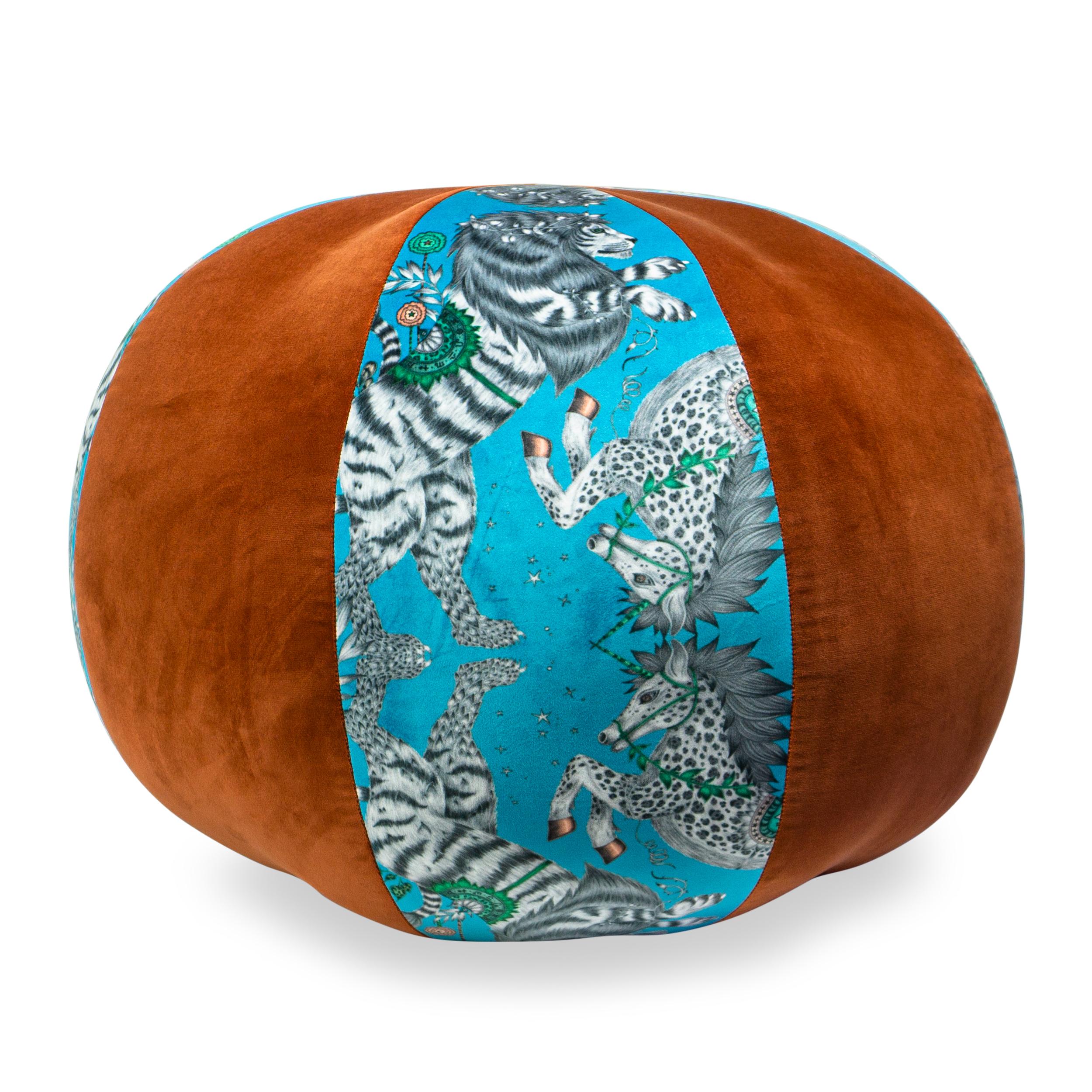 Pouf with beach ball inspired alternating fabrics. Emma Shipley fantastical printed velvet and paprika solid velvet. Handmade in Norwalk CT. Firm enough for use as an occasional chair or use as an ottoman, slides easily on floor.