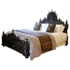 Fantástica Cama de Madera Vintage Ancha Tallada, WK188