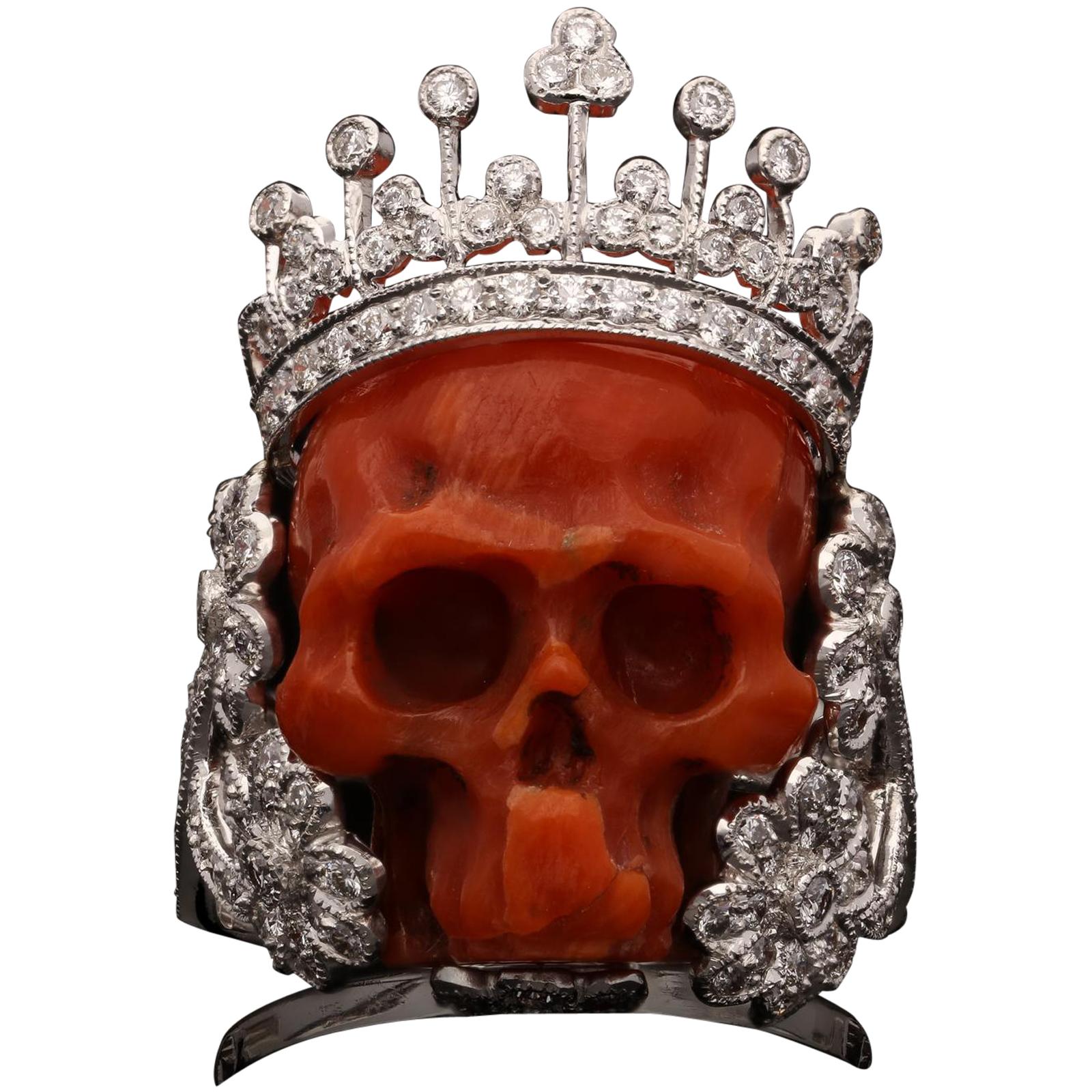 Fantastical Diamond and Coral Skull Ring by Lydia Courteille