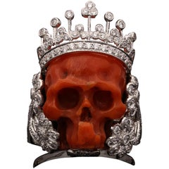 Fantastical Diamond and Coral Skull Ring by Lydia Courteille