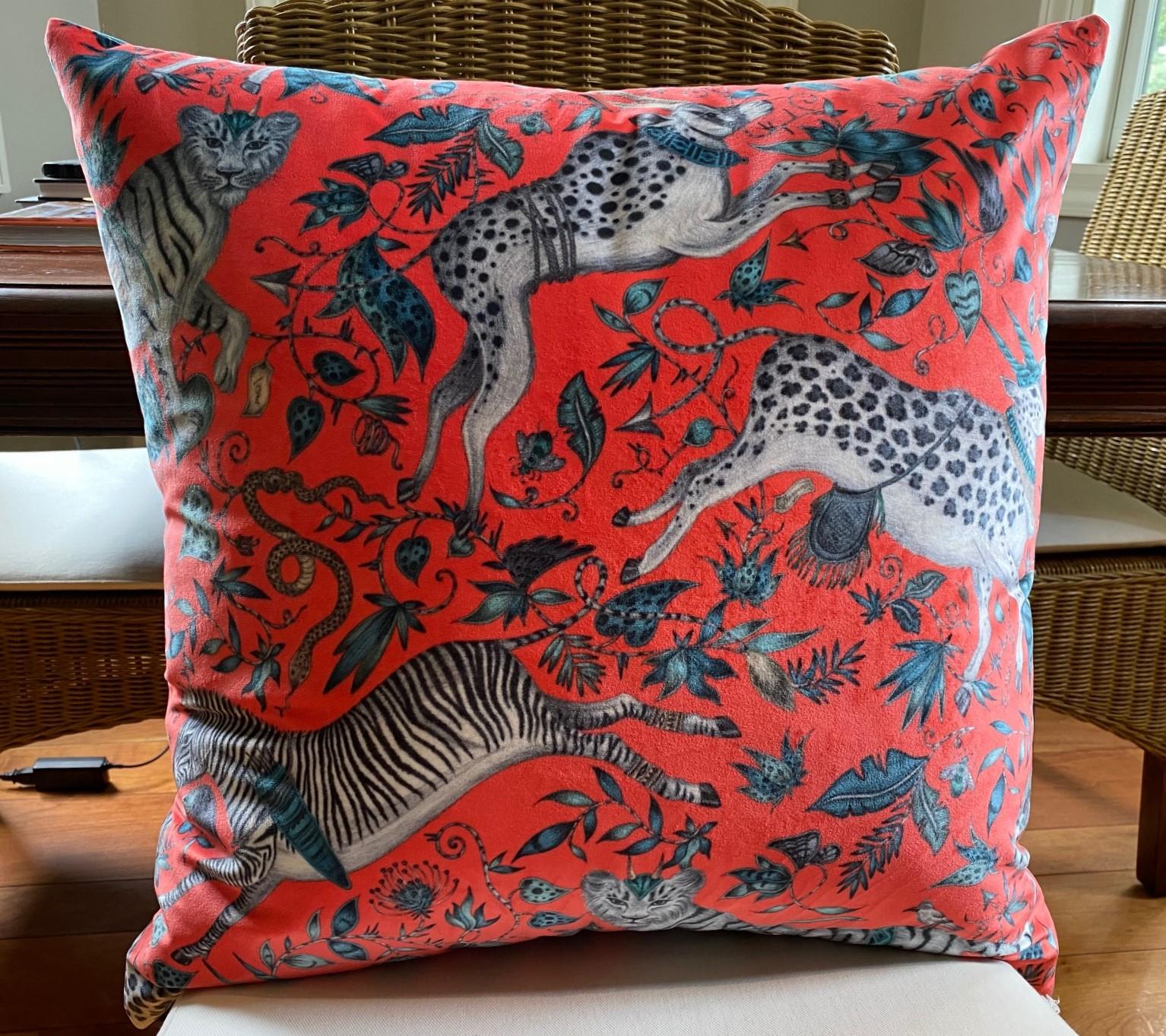 Knife-edge square pillow (zippered case and down insert) in bright coral red Protea Velvet - Emma J Shipley (front) and contrasting teal cotton velvet (back). Custom-made by an expert tailor.

