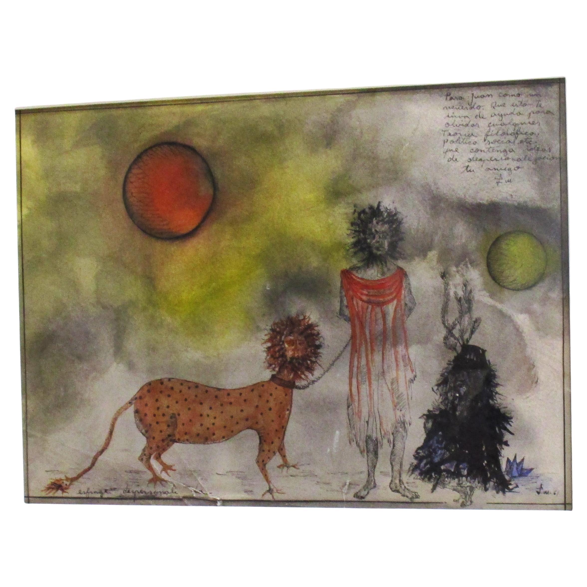 Peinture surréaliste latino-américaine à l'encre et à l'aquarelle sur papier. Texte écrit en espagnol dans le coin supérieur droit, commentaire politique et social / titre en bas à gauche ? / signature de l'artiste en bas à droite - semble être JW