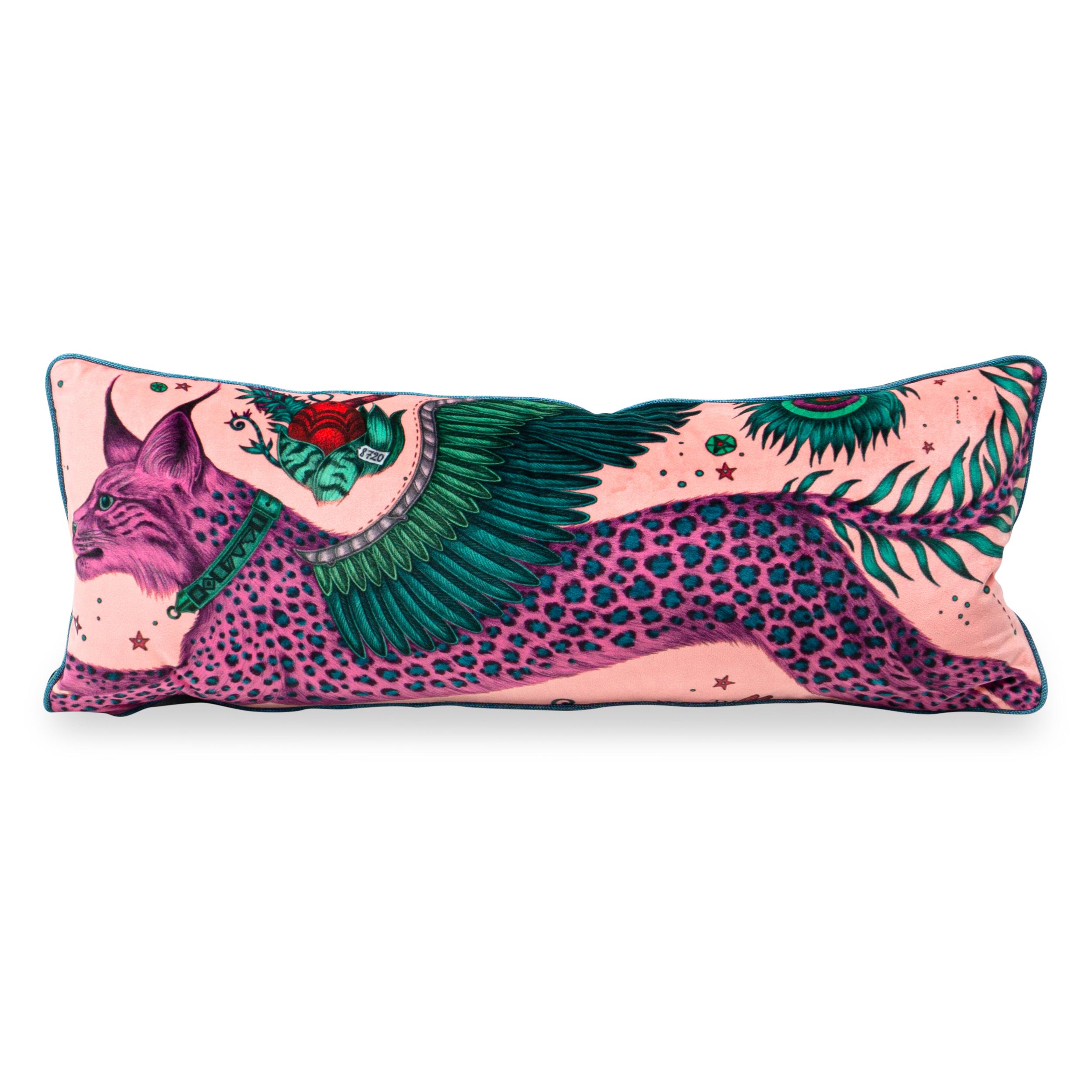 A pair of lumbar pillows with fantastical printed velvet face, a lush jade velvet back and woven contrast welting.

Measurements:
Overall: 23” W x 5” D x 9” H

Price as shown: $1,204 as a pair
COM Price: $215 each
Customization may change