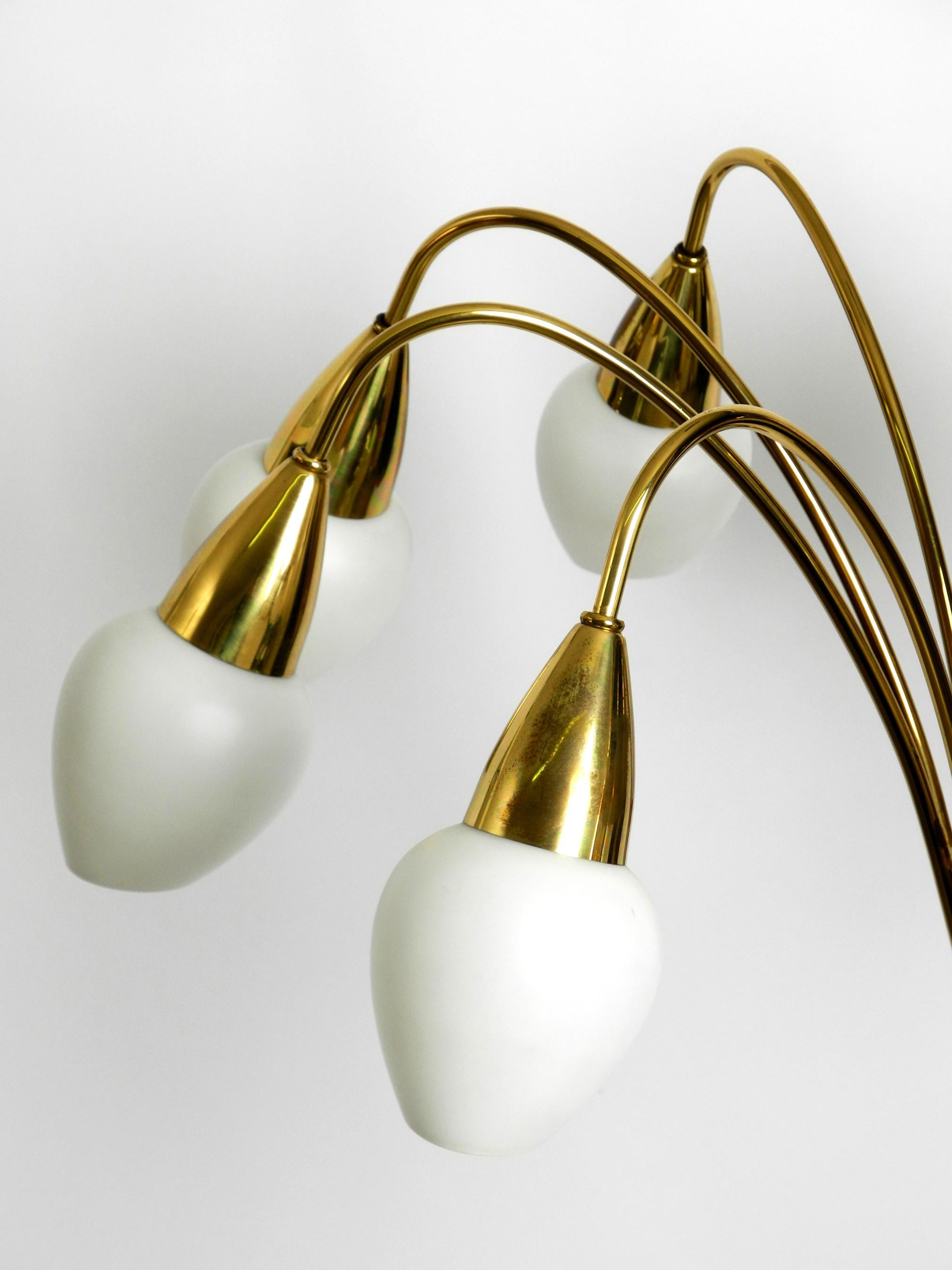 Fantastically 9-armed large mid-century brass chandelier with opal glass shades For Sale 4