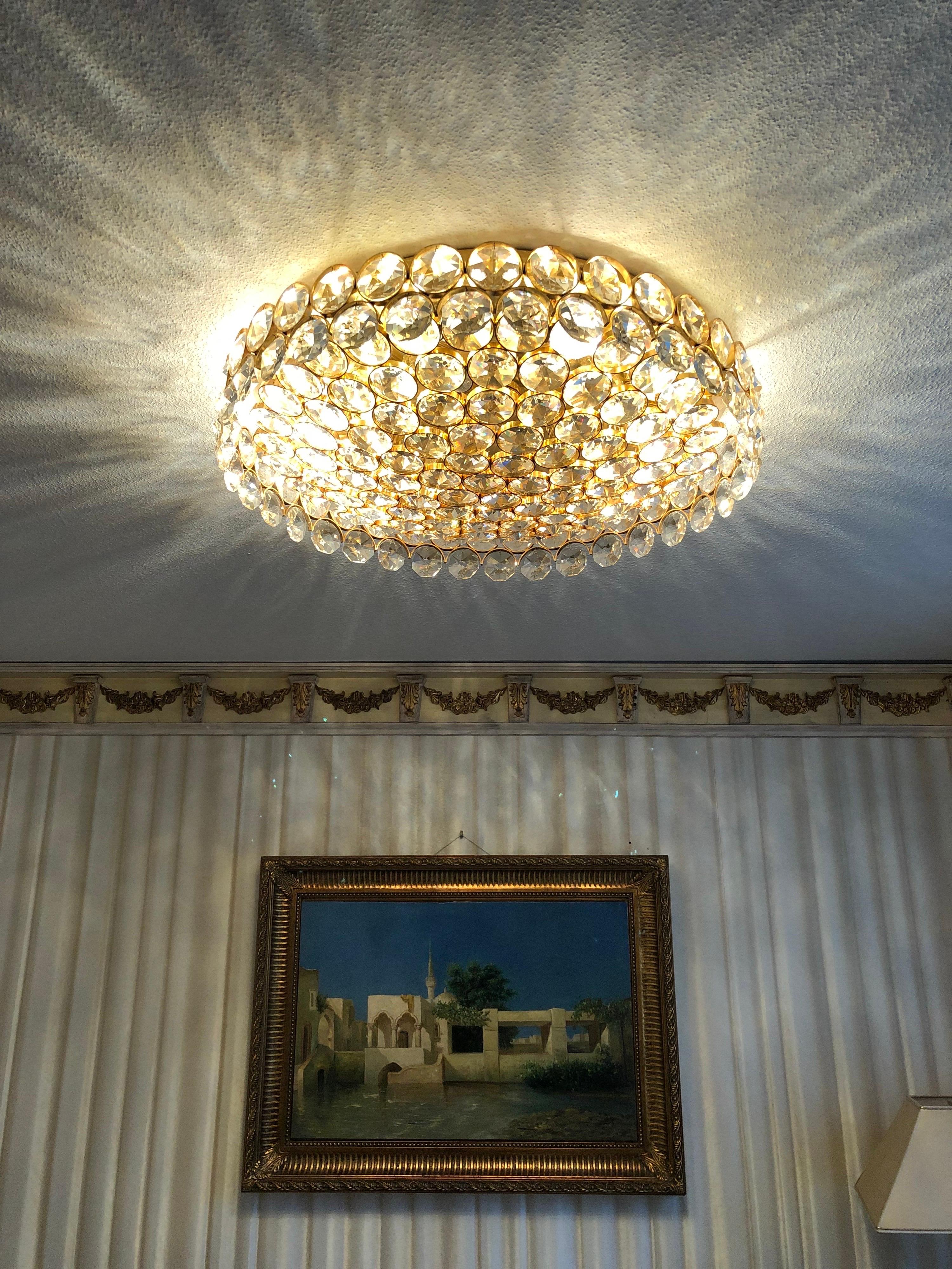 Fantastically Palwa Ceiling Lamp / Plafoniere Brass with Large Crystal For Sale 4
